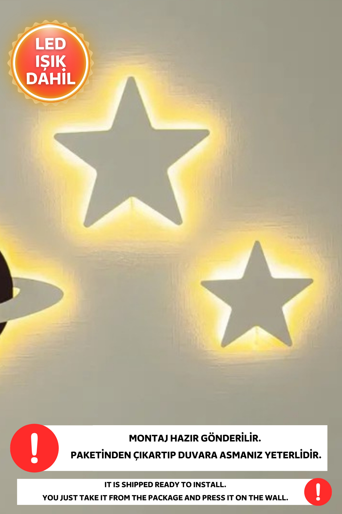 Dekorvin 1 Adet Ay ve 2 Adet Yıldız Led Işık Gece Lambası Bebek Çocuk Odası Duvar Dekorasyon Aydınlatma Lamba fotoğrafı 4 (önizleme)