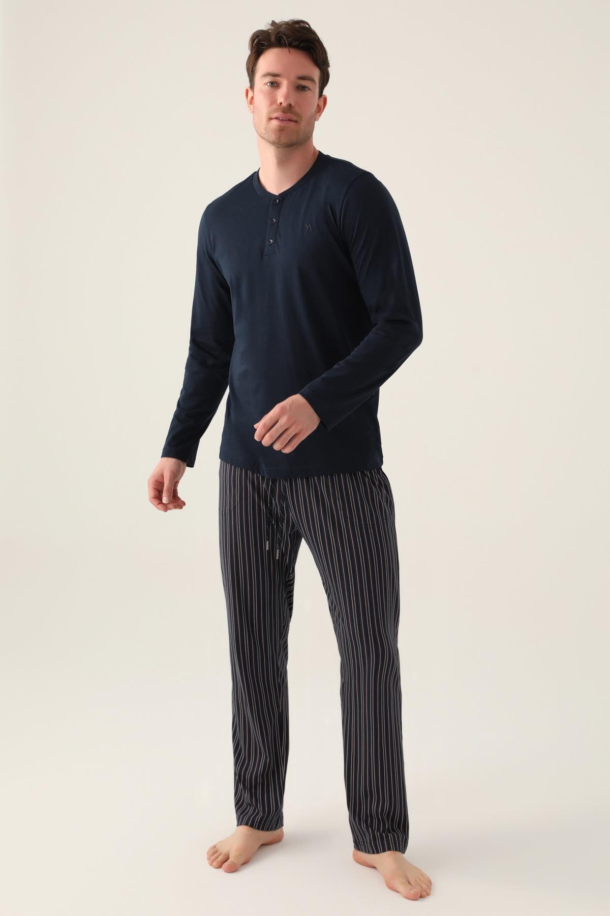 Uzunkol Kuutulu Erkek Pijama Takım, %100 Pamuk, Büyük Beden Erkek Pijama Takım - 2