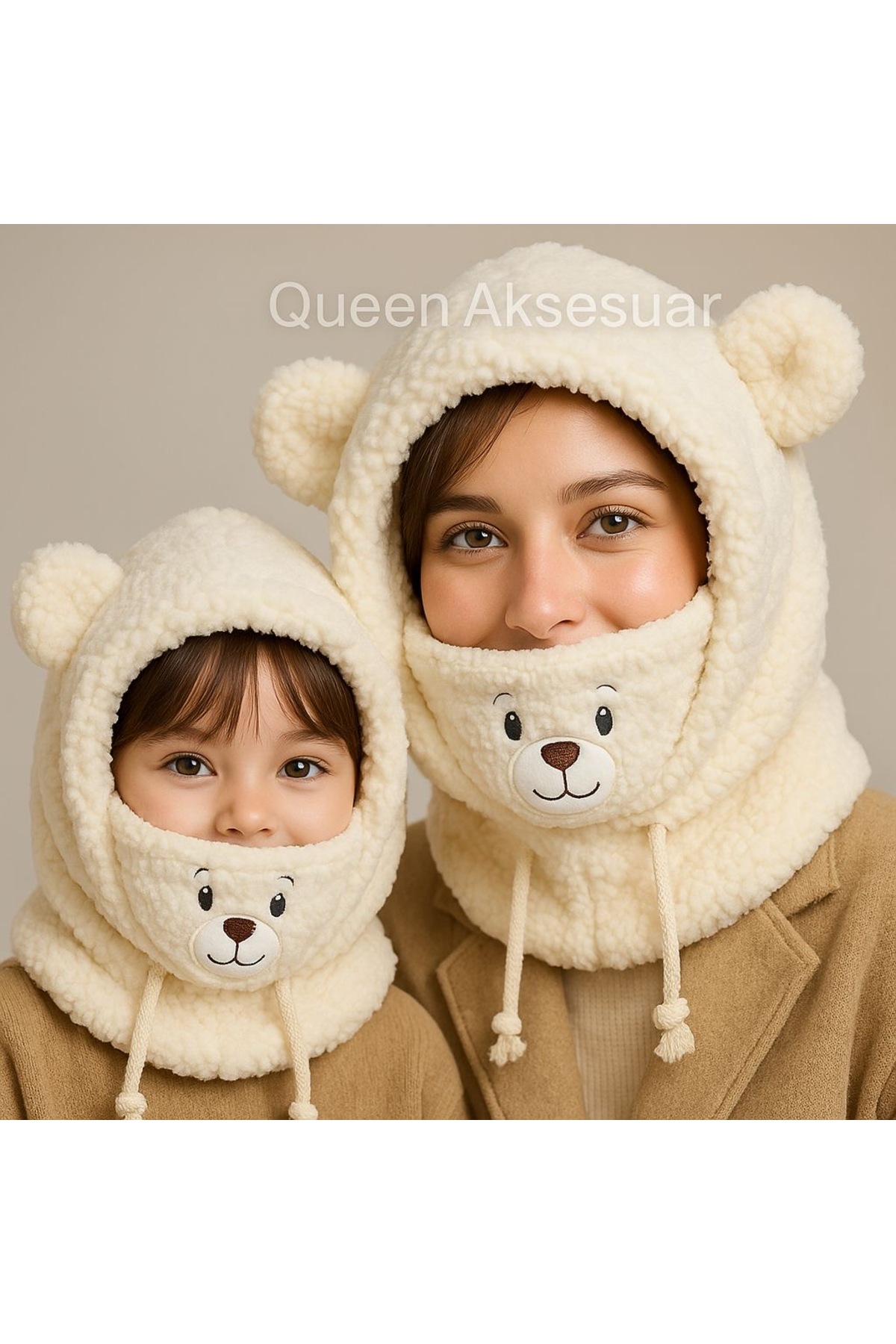 QUEEN AKSESUAR Peluş Ayıcıklı kulaklı 3’ü 1 Arada Kışlık Bere Maske Atkı boyunluk kulaklık erkek kız çocuk beyaz