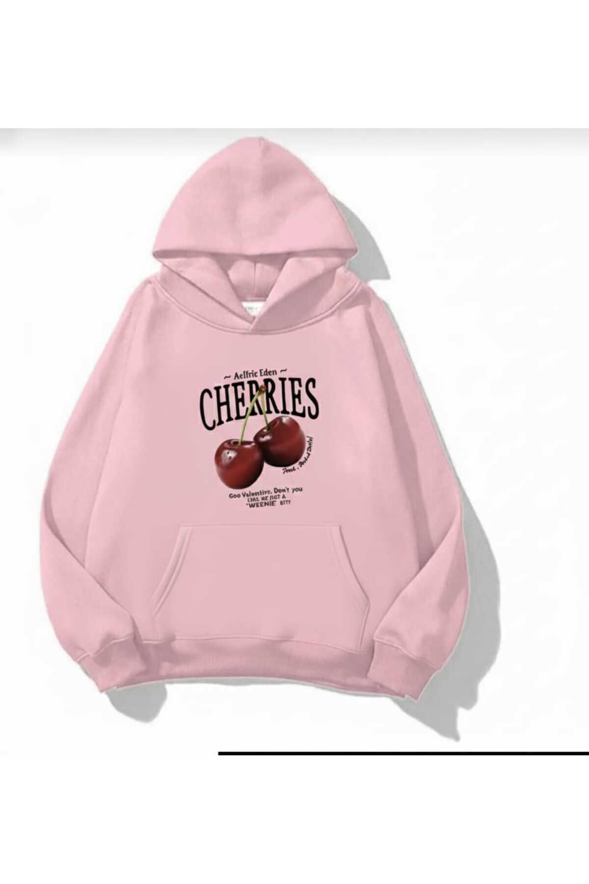 Unisex Erkek/Kadın CHERRIES Renkli Özel Baskılı Pamuklu Oversize Kapüşonlu Sweatshirt — صورتی CHERRIES-KAPŞON-COHERENT-