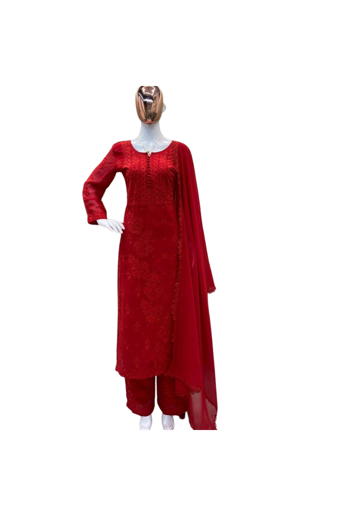 MYSMAR Red Georgette Kameez Salwar Set - HRT3591 | Red-Size:XL-42-Inches