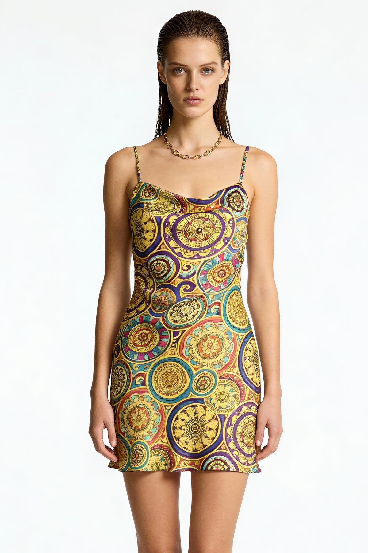 Feu De Elu Etincelle Vionne Degaje Yaka Askılı Kısa Saten Gecelik