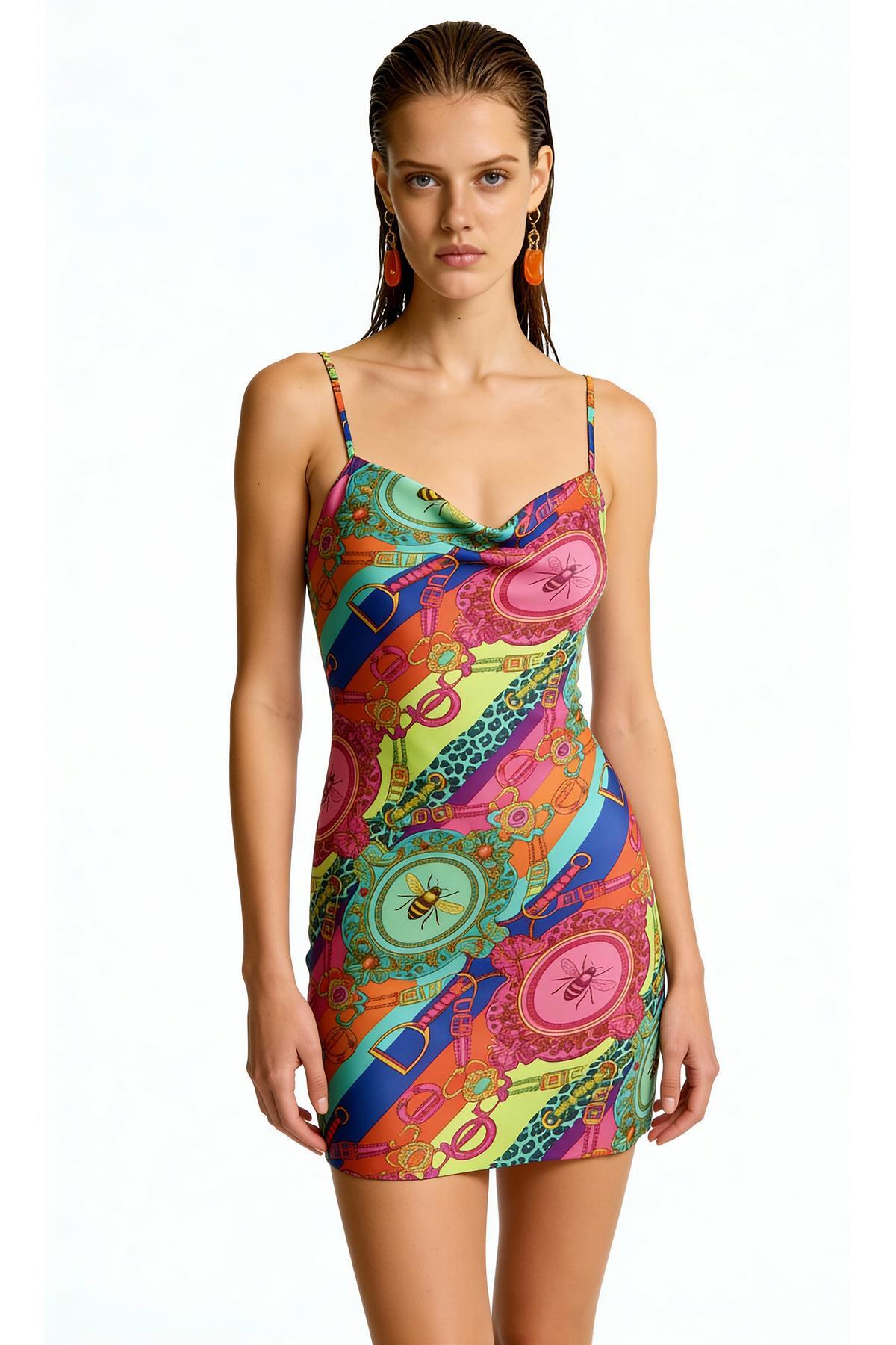 Feu De Elu Etincelle Melia Degaje Yaka Askılı Kısa Saten Gecelik