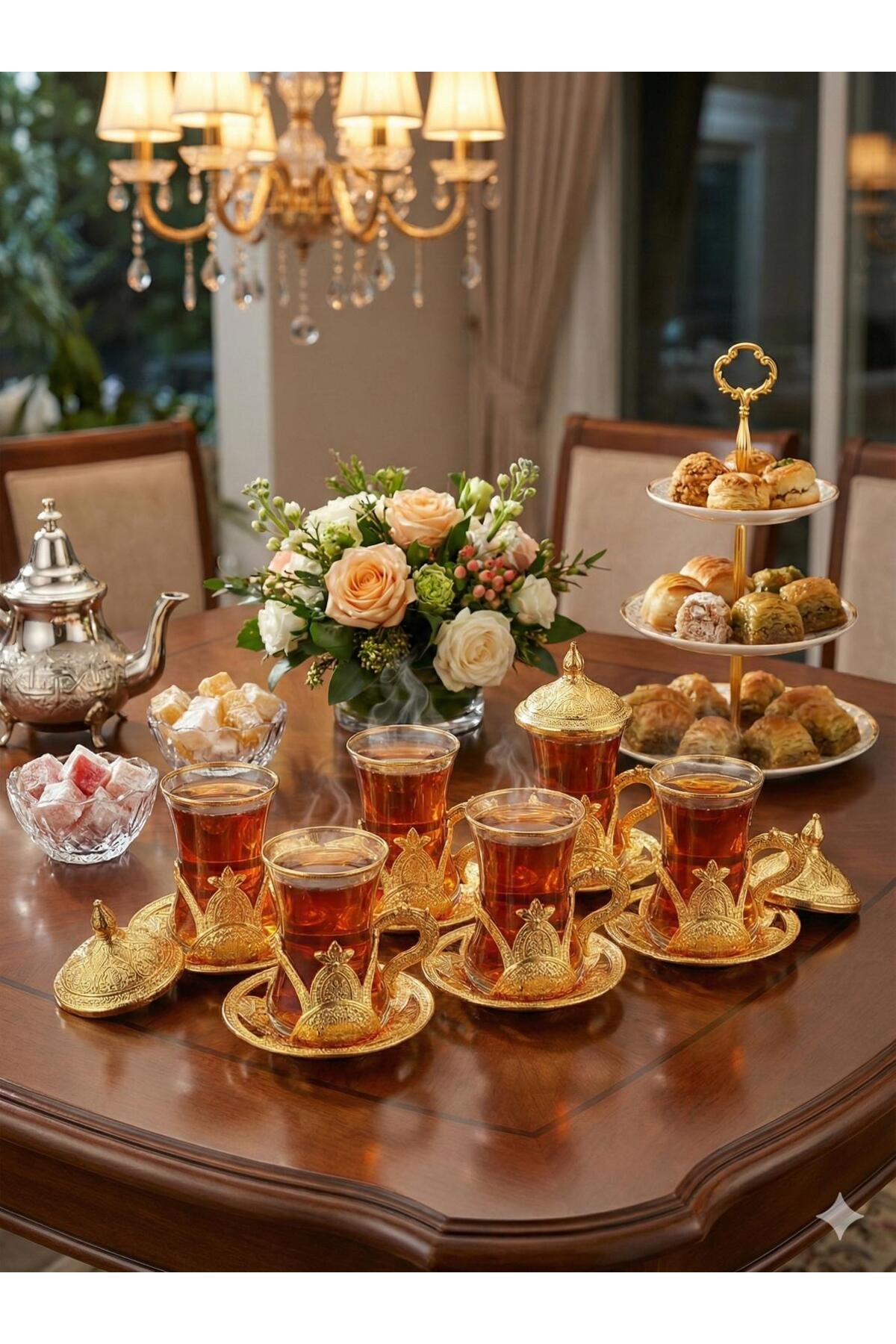 LeesHome Special Series for Dowry and Gifting: Gold Detailed Lidded Set of 6 Tea Glass Presentation Set