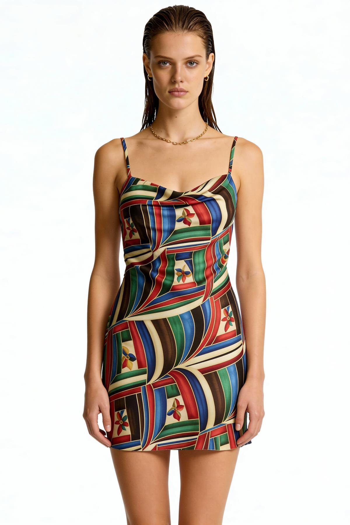 Feu De Elu Etincelle Avelian Degaje Yaka Askılı Kısa Saten Gecelik