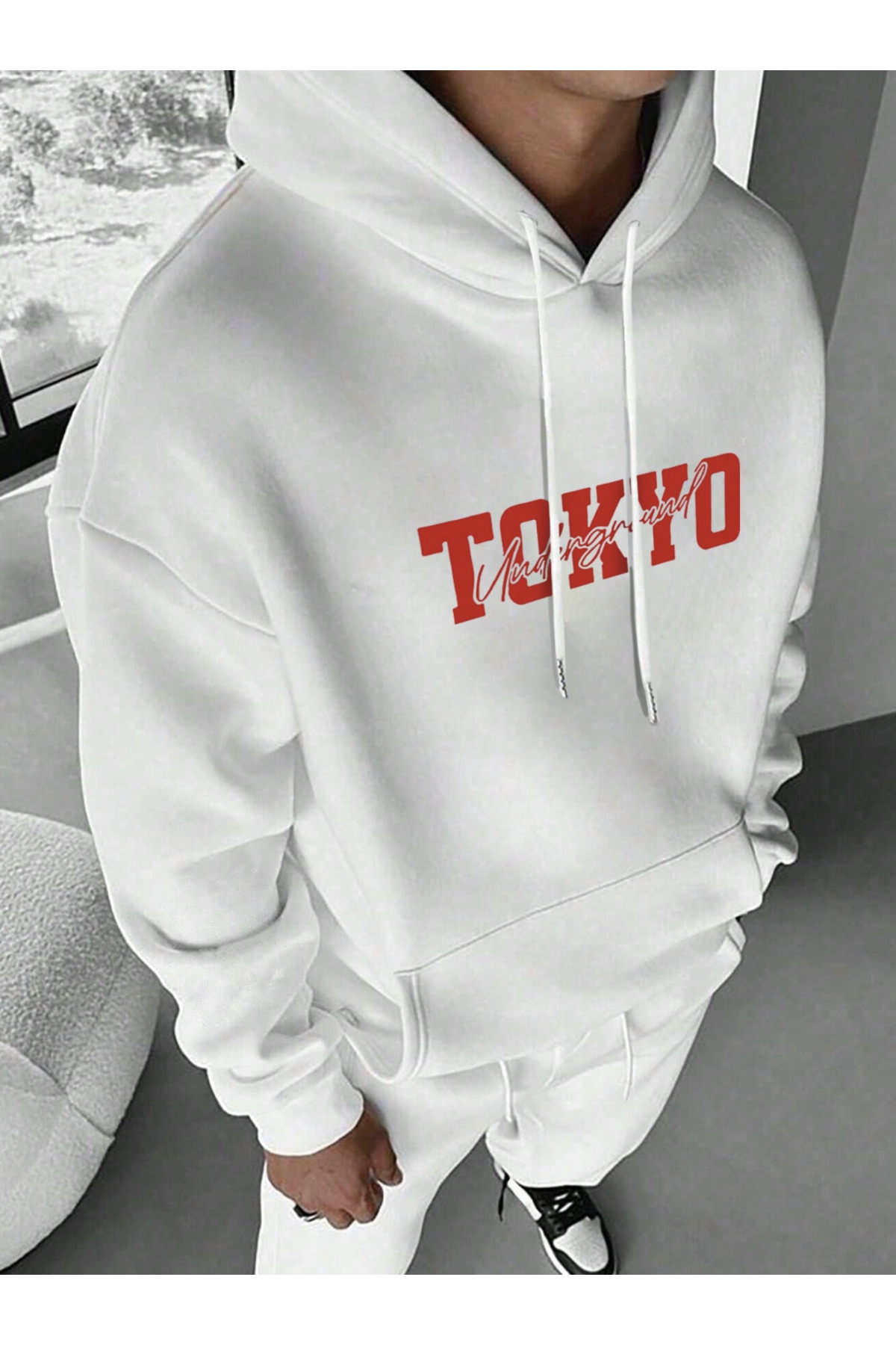 COHERENT Unisex Erkek/Kadın KIRMIZI TOKYO Renkli Özel Baskılı Pamuklu Oversize Kapüşonlu Sweatshirt görsel 2