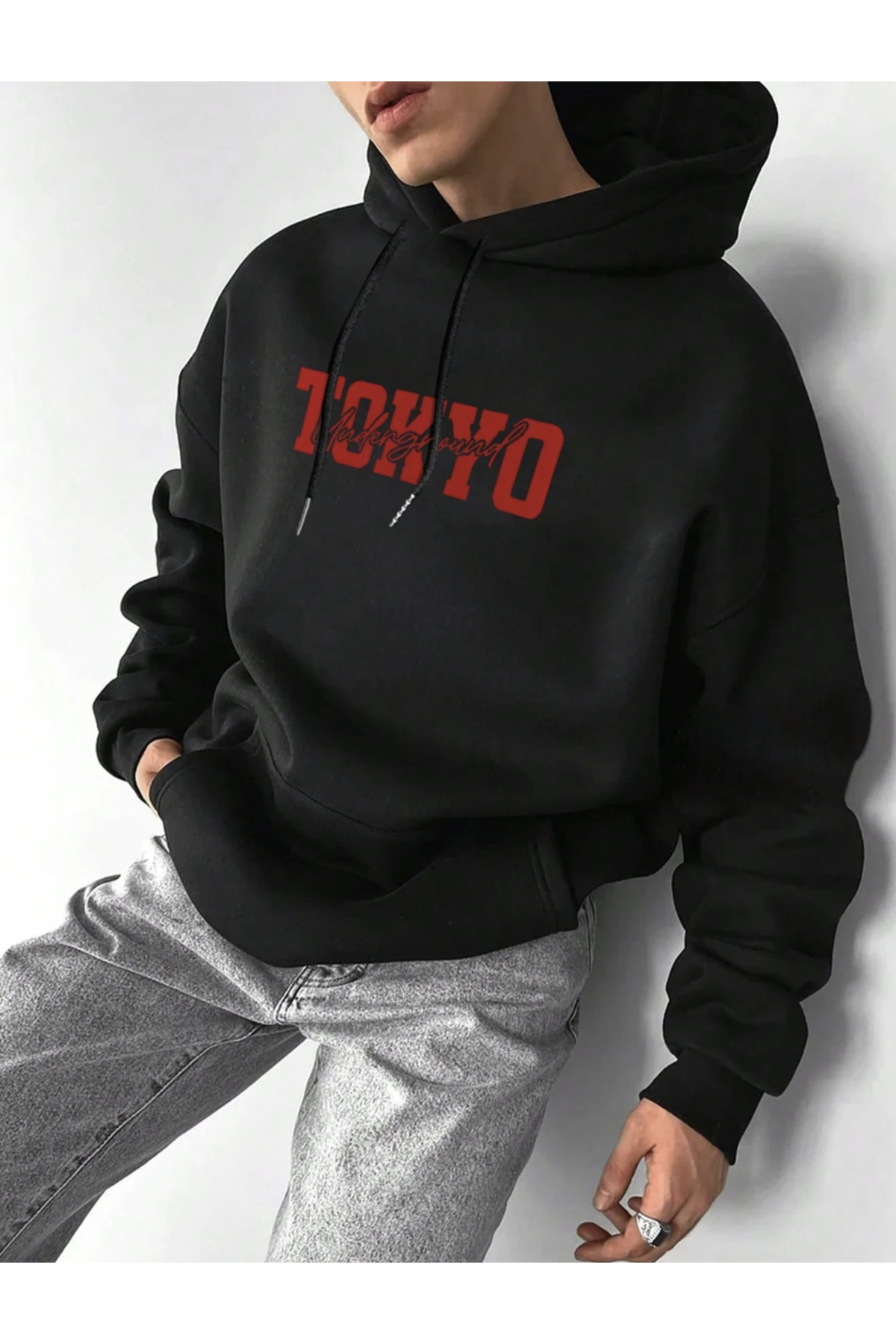 COHERENT  Unisex Erkek/Kadın KIRMIZI TOKYO Renkli Özel Baskılı Pamuklu Oversize Kapüşonlu Sweatshirt - Görsel 2