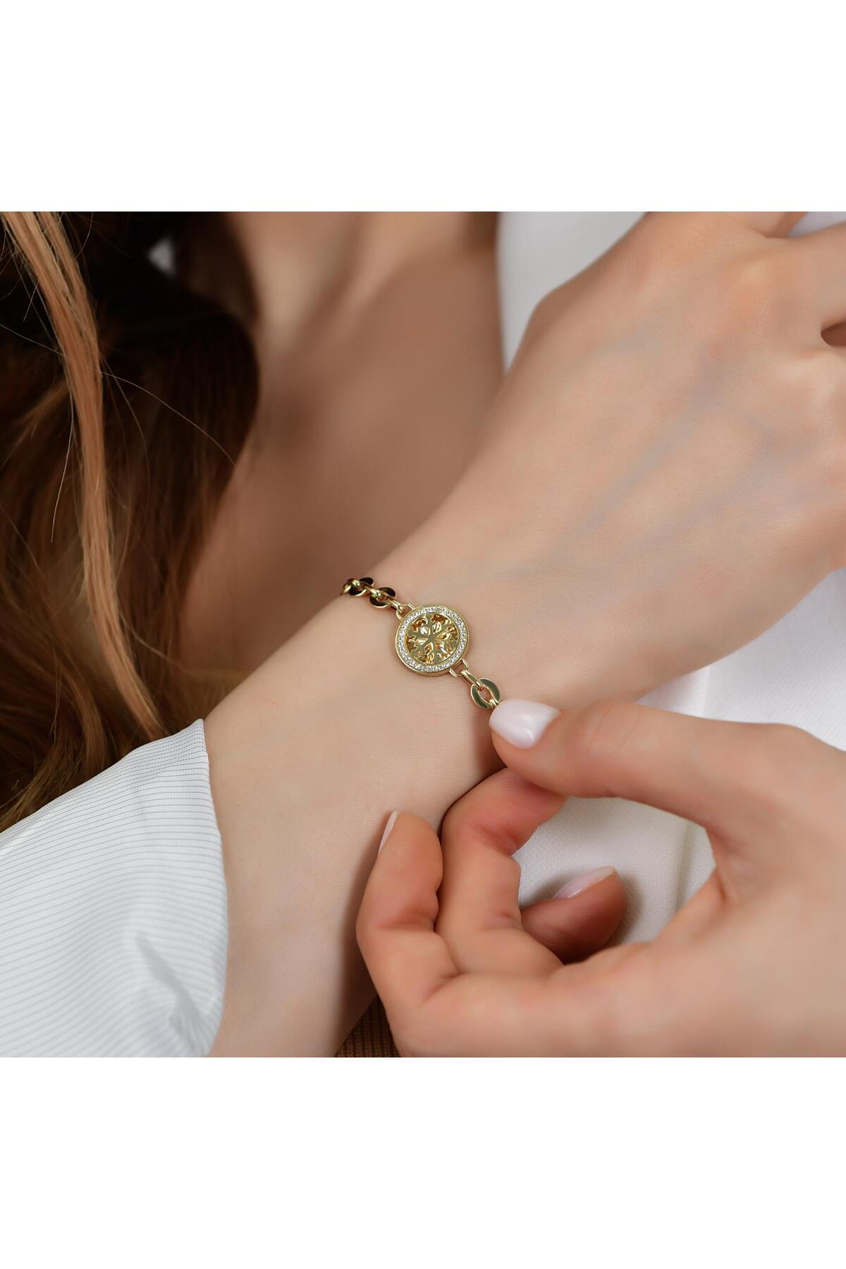 Goldium Jewellery Goldium 14 Ayar Altın Kar Tanesi Kalem İşçilikli Bileklik