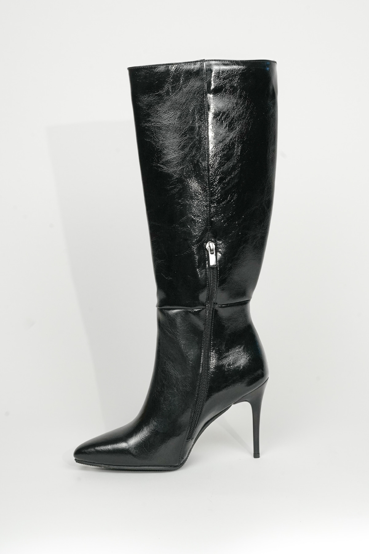 TrendyAnka  Kadın Sivri İnce 9 Cm Topuklu İçi Kürklü Çizme Yandan Fermuarlı Çizme Parlak Siyah - Görsel 3