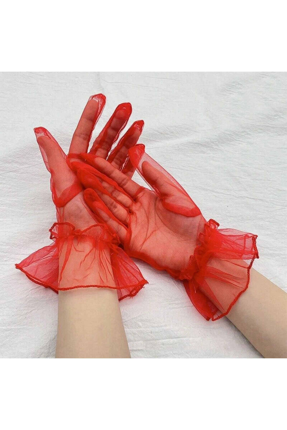 دستکش توری بزرگسالان، کوتاه، لی‌کرا، بنددار، رنگ قرمز