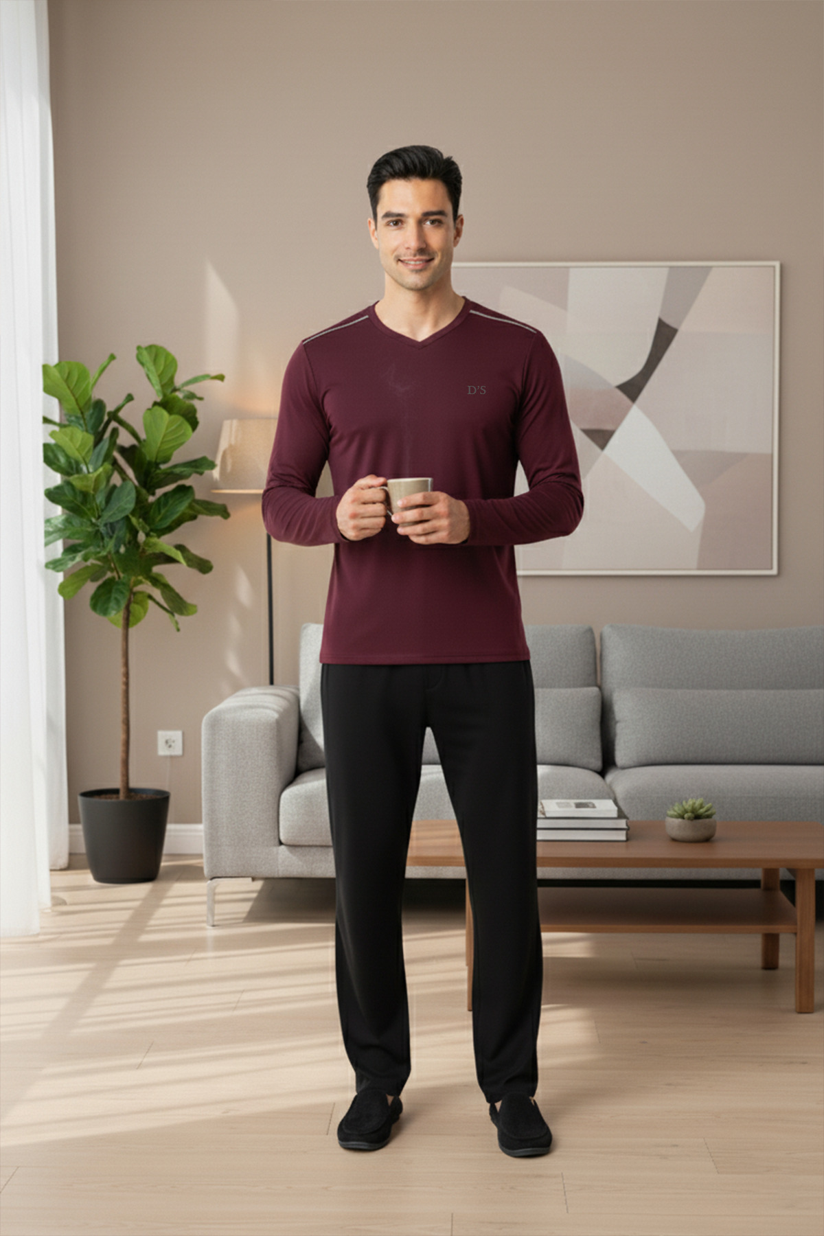 D'S Damat Ds Damat Maschio Pamuk V Yaka Pijama Takımı BORDO görsel 6
