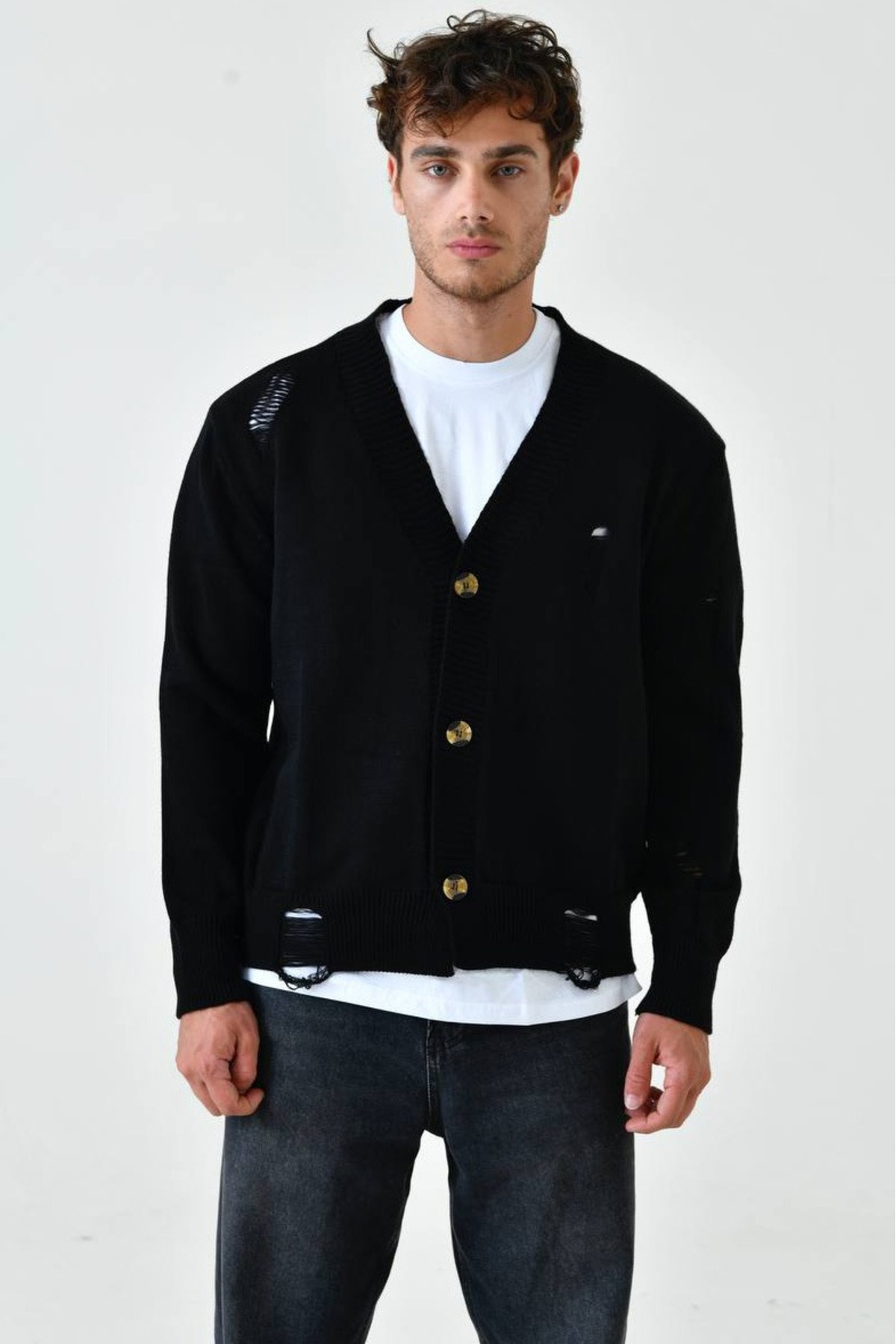 Duuf  Siyah Erkek Yırtık Detaylı Hırka - Görsel 2