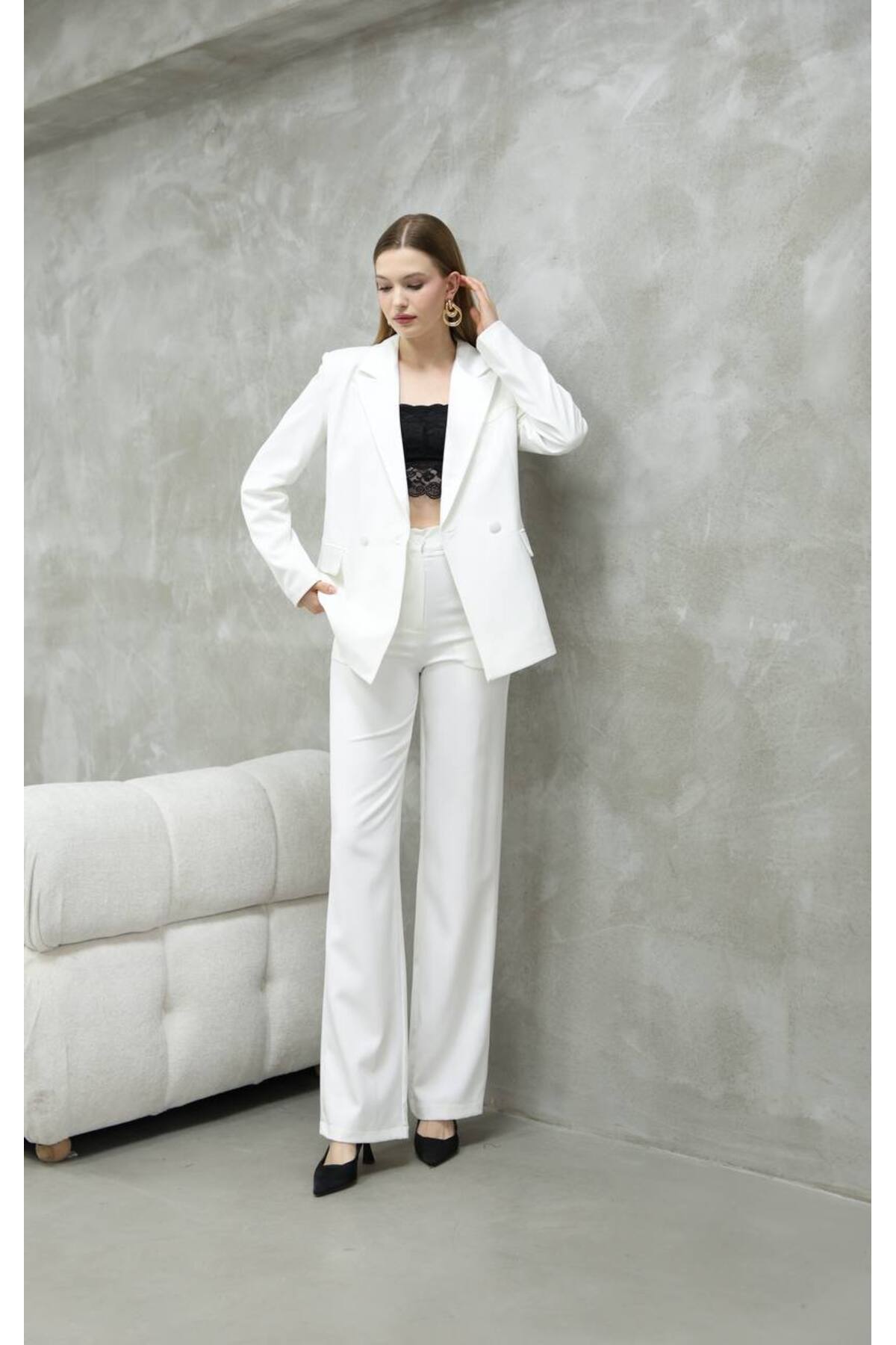 Women's Satin Detail White Blazer and Pants Suit - Görsel 4