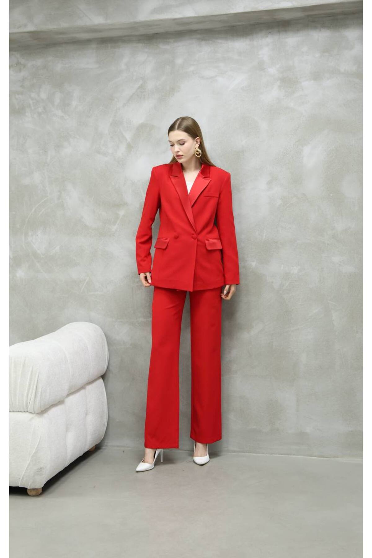 Women's Satin Detail Red Blazer and Pants Suit - Görsel 6