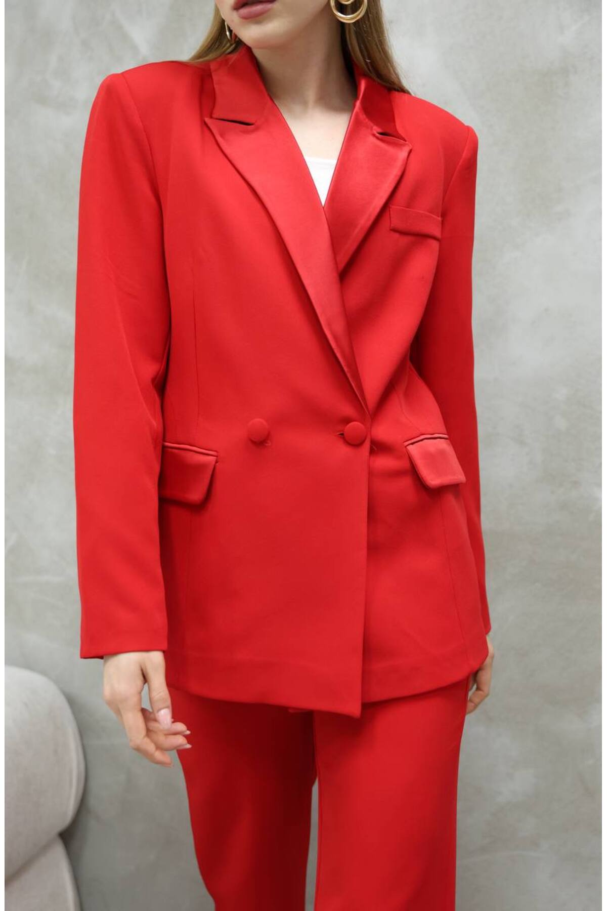 Women's Satin Detail Red Blazer and Pants Suit - Görsel 5