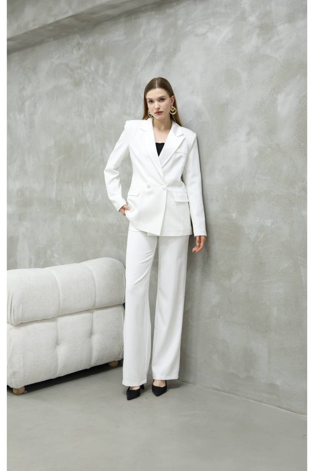 Women's Satin Detail White Blazer and Pants Suit - Görsel 7