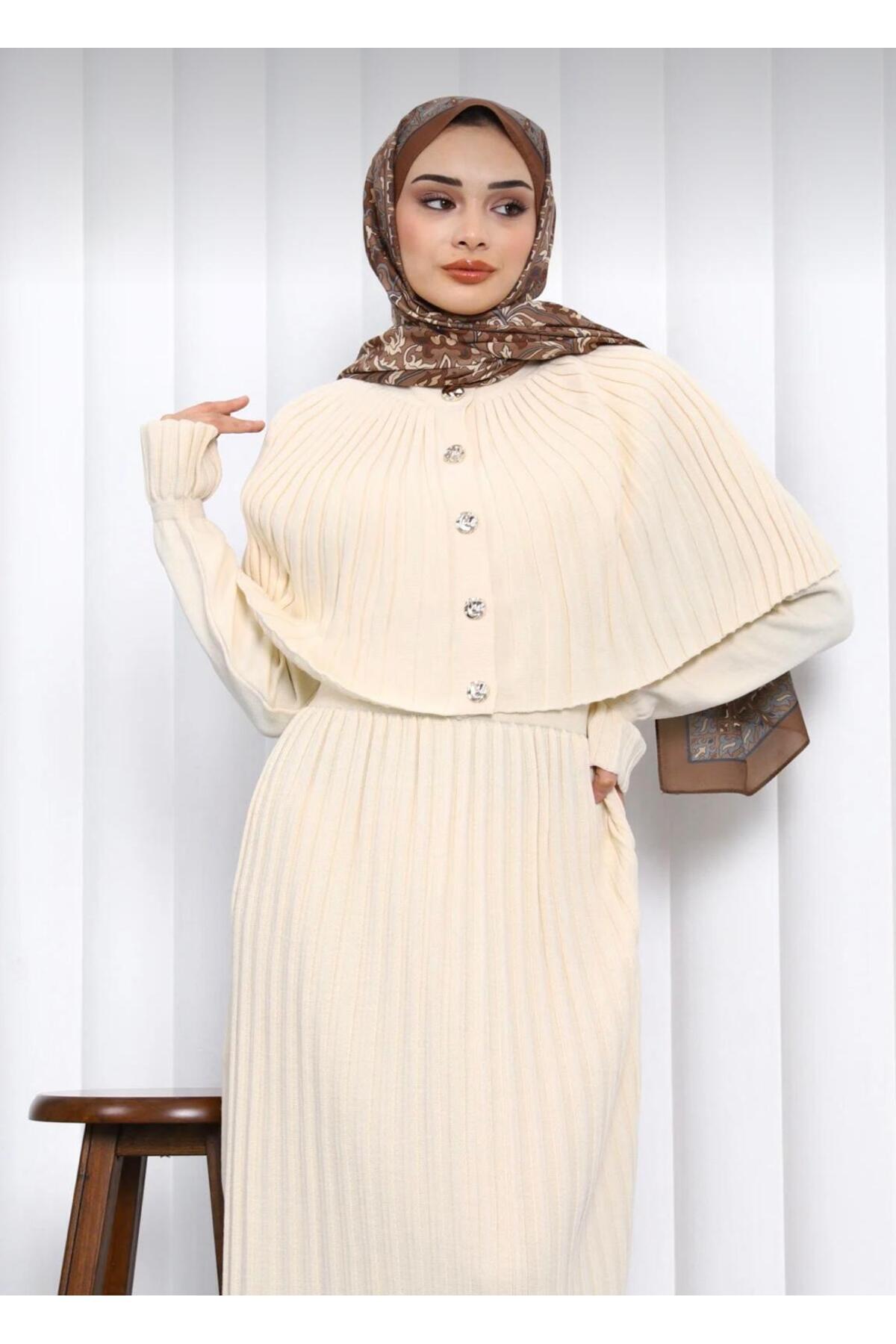 DAĞON'S  DGN'S PELERİNLİ DÜĞME DETAYLI KADIN TRİKO PİLİSELİ ELBİSE - Görsel 6