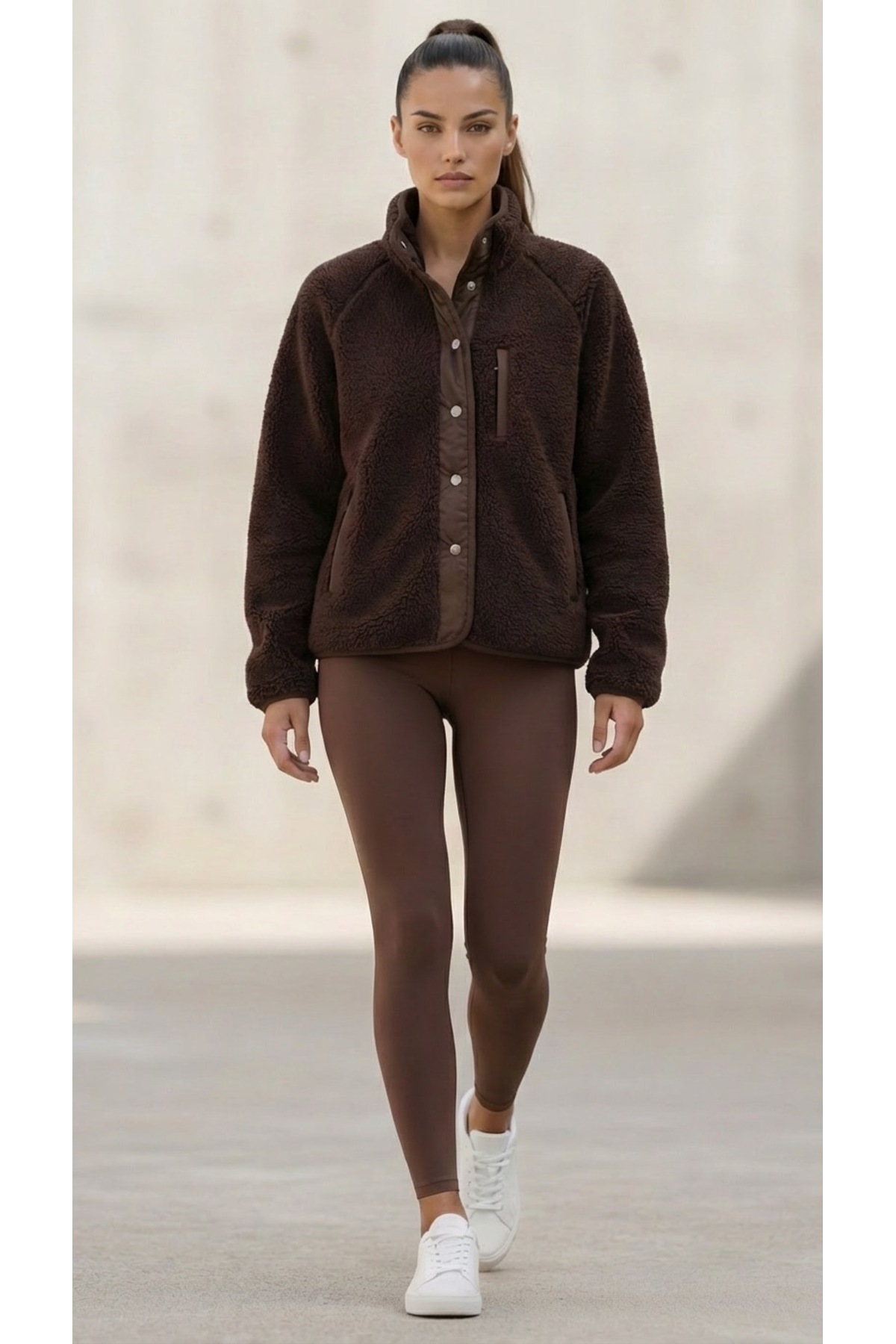 Grenj Fashion  Kahverengi Oversize Peluş Örme Spor Ceket - Görsel 2