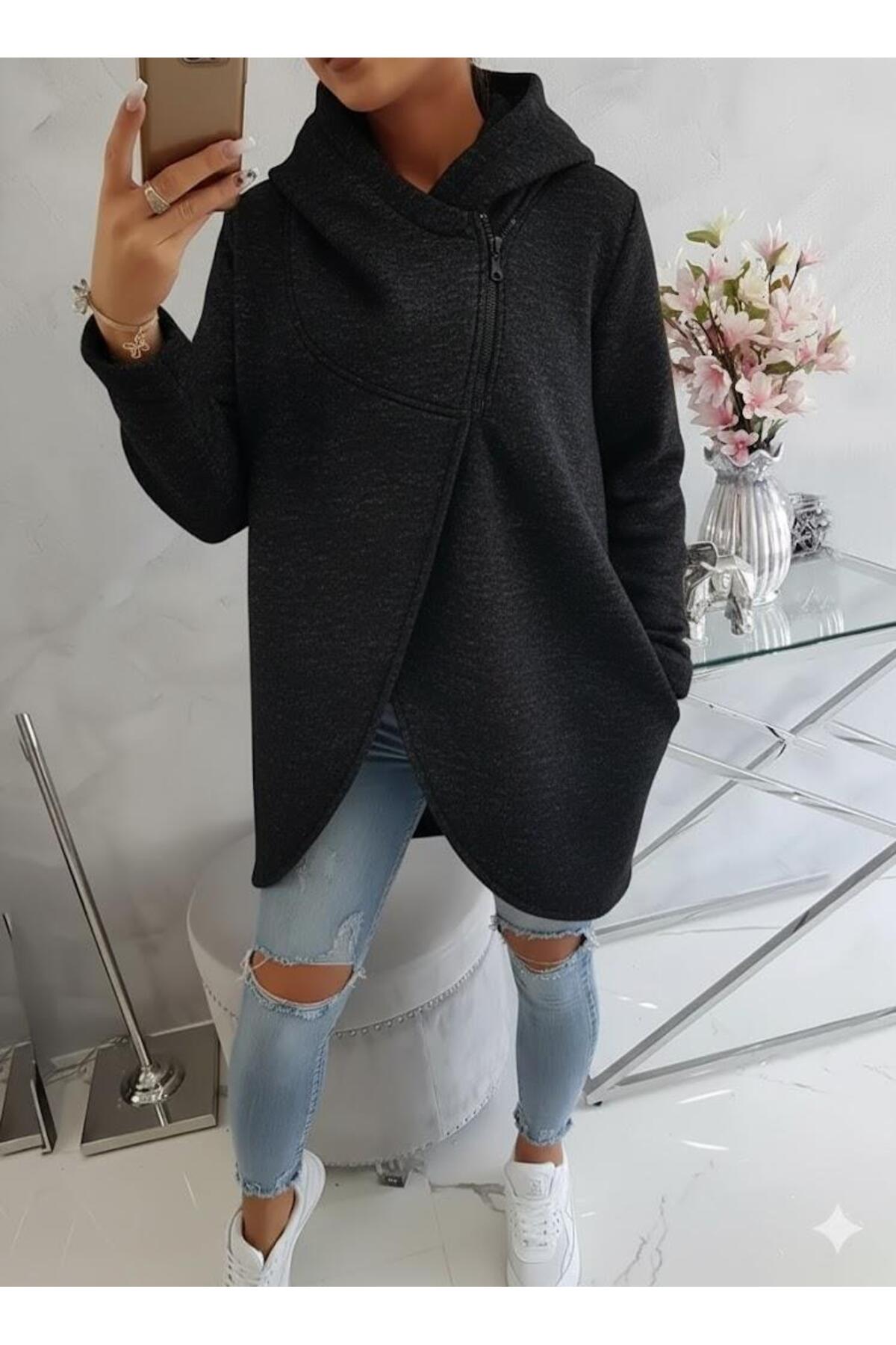 Afri  Kırçıllı Siyah Kadın Asimetrik Fermuarlı Oversize Kapüşonlu Sweatshirt – Kalın Kumaş – Rahat Günlük - Görsel 2