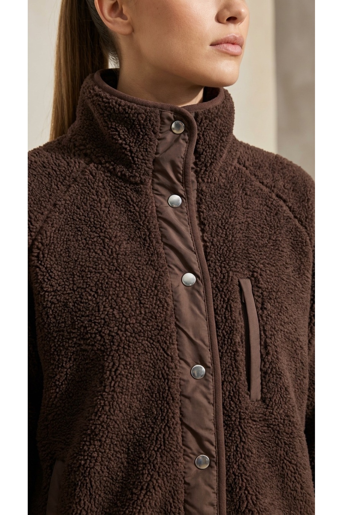 Grenj Fashion  Kahverengi Oversize Peluş Örme Spor Ceket - Görsel 3