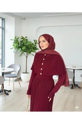 DAĞON'S DGN'S PELERİNLİ DÜĞME DETAYLI KADIN TRİKO PİLİSELİ ELBİSE