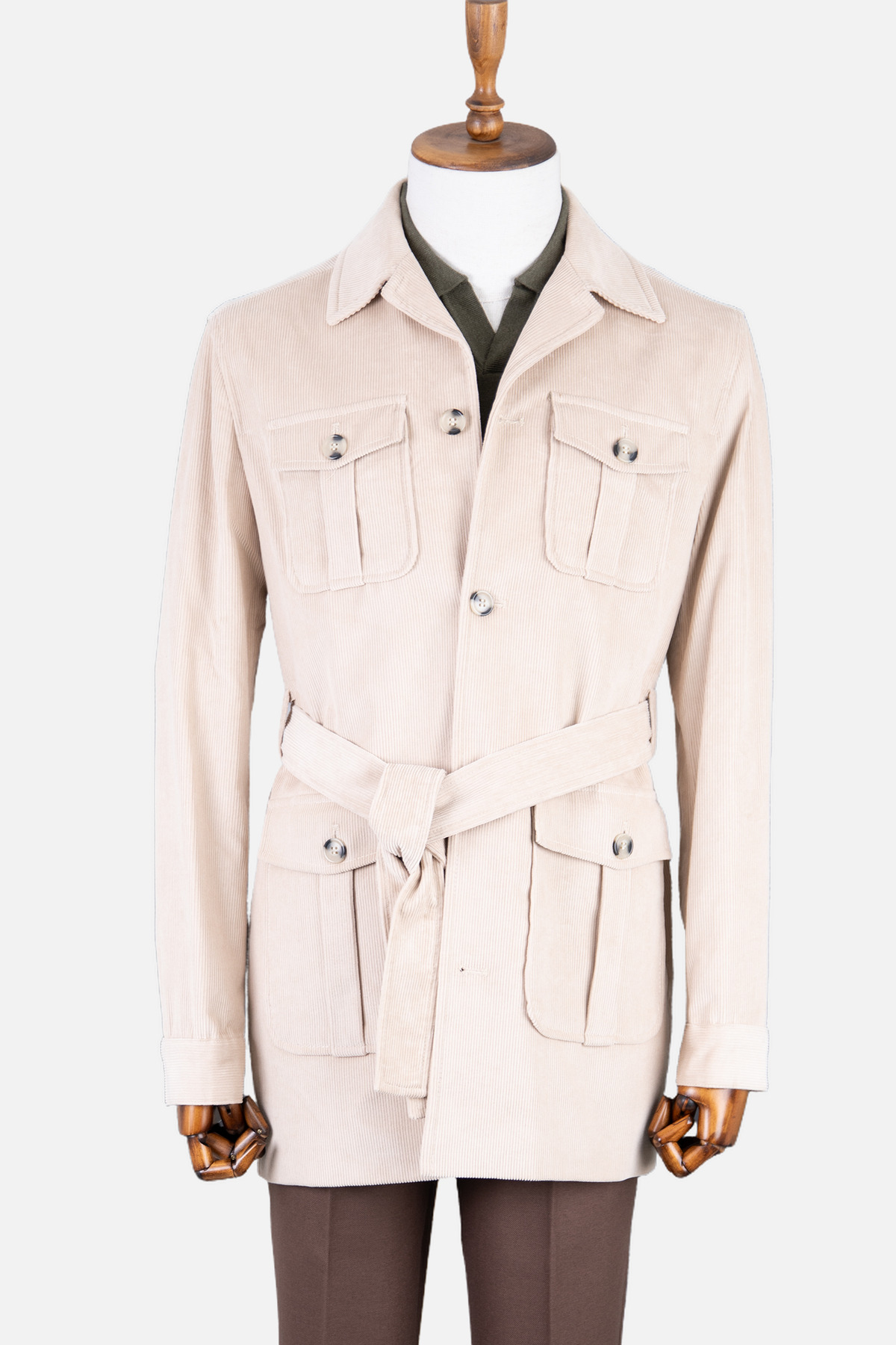 HC MEN CLASSIC Erkek Modern Fit Safari Tarz Ceket Yaka Trençkot Kuşaklı Kadife Kumaş