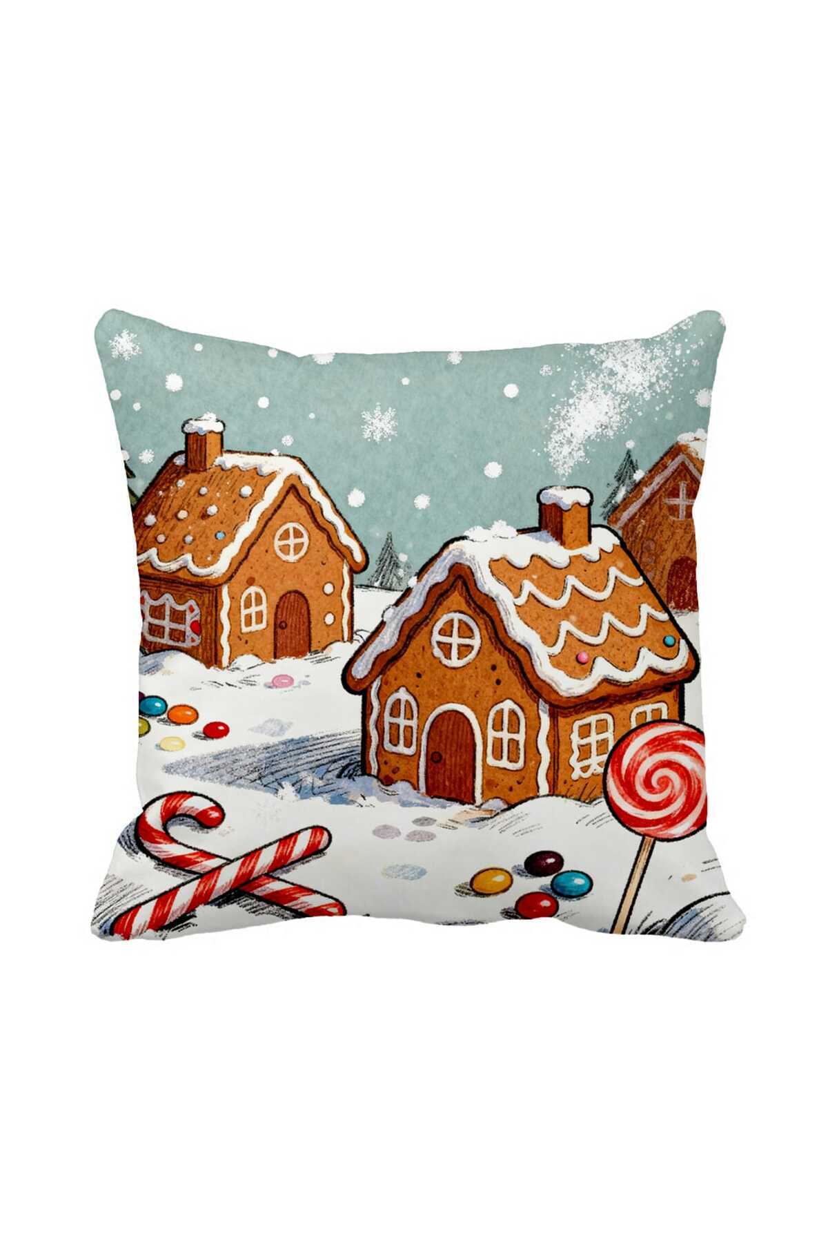 New Year Decorative Pillow Case – Gingerbread Home Pattern 43 x 43 cm Suede
