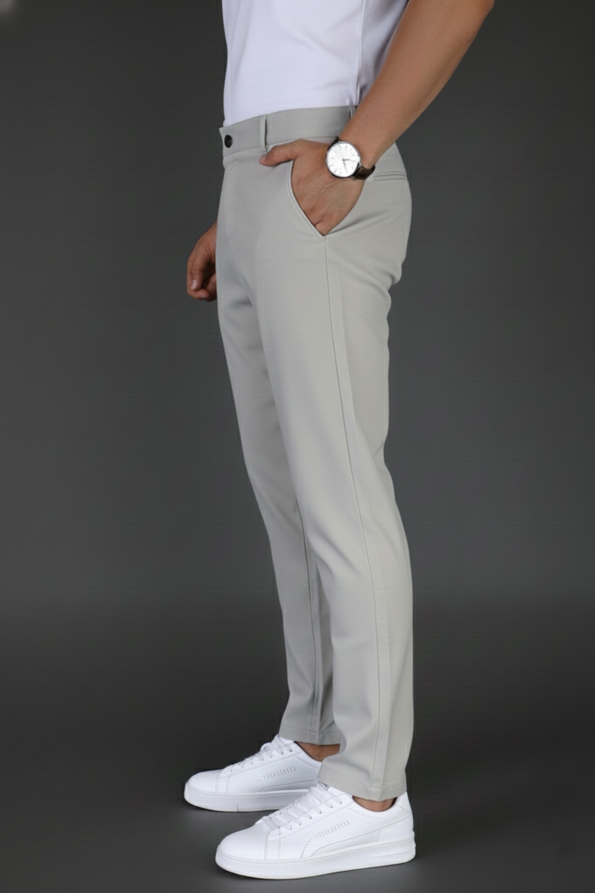 Mamlay  Erkek Gri Renk Slim Fit Düğme Kapamalı Kaliteli Kumaş Pantolon - Görsel 4