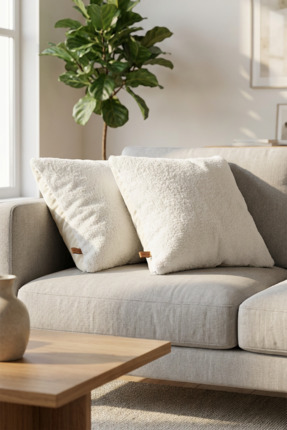 HAMUR İskandinav Bohem 2 li Teddy Puffy Kırlent Kılıfı Açık Beyaz