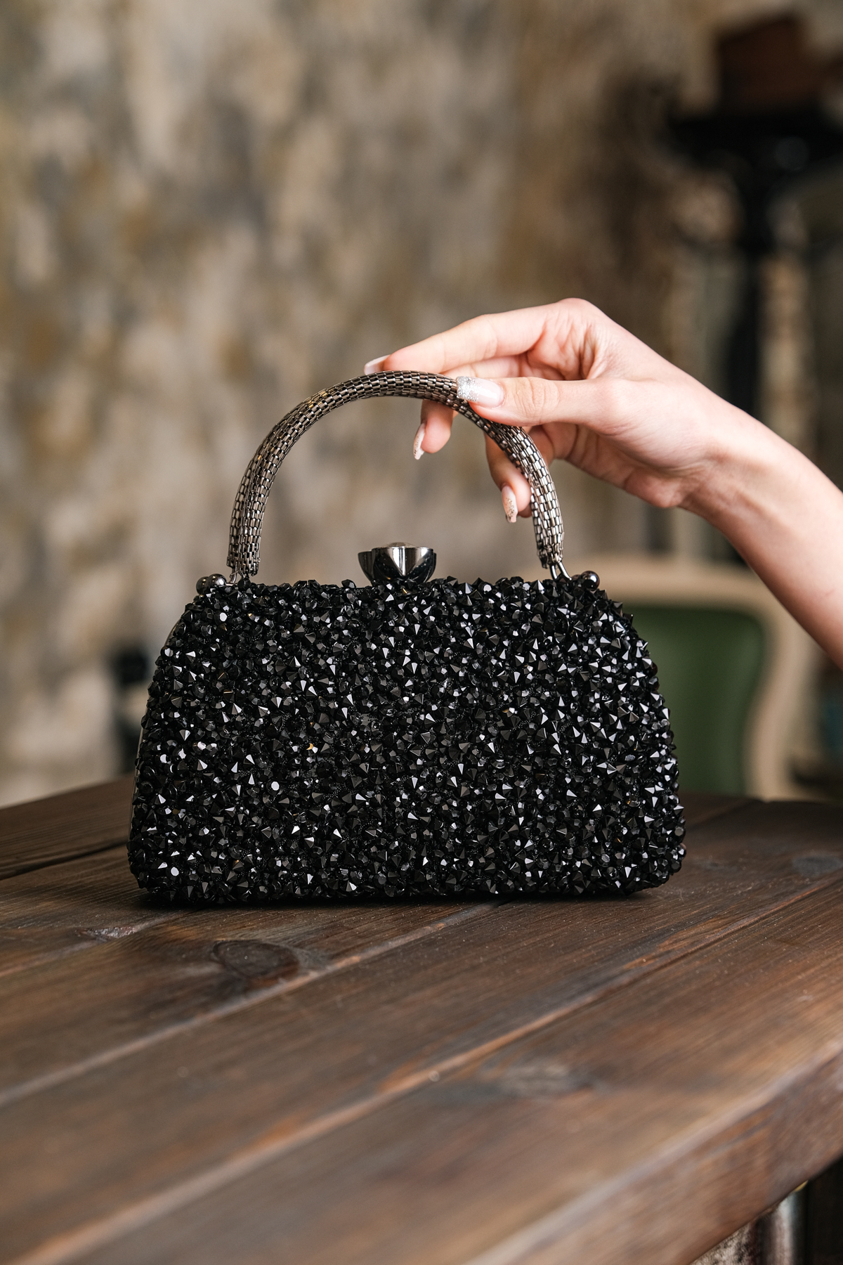 ROZA CANTA Kadın Siyah Taşlı Abiye Clutch Portföy Çanta görsel 3
