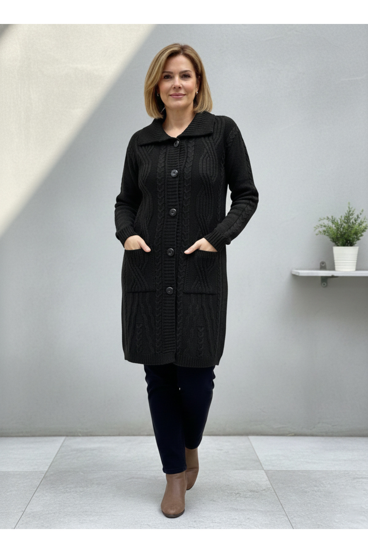 Women Mother Black Knit Pattern Buttoned Pocket Long Knitwear Winter Cardigan