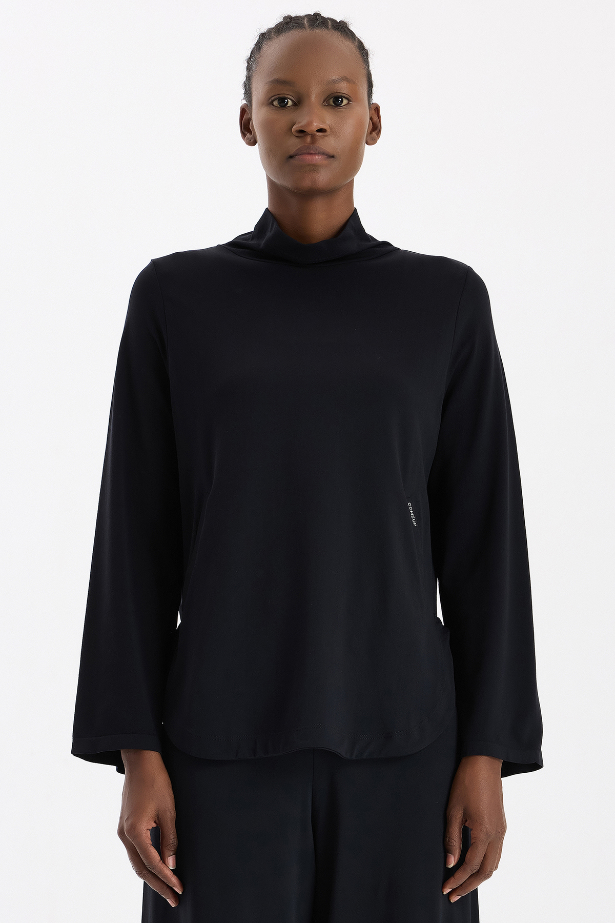 COMEUP Yüksek Yaka Cepli Uzun Kollu Hafif Sweatshirt Siyah