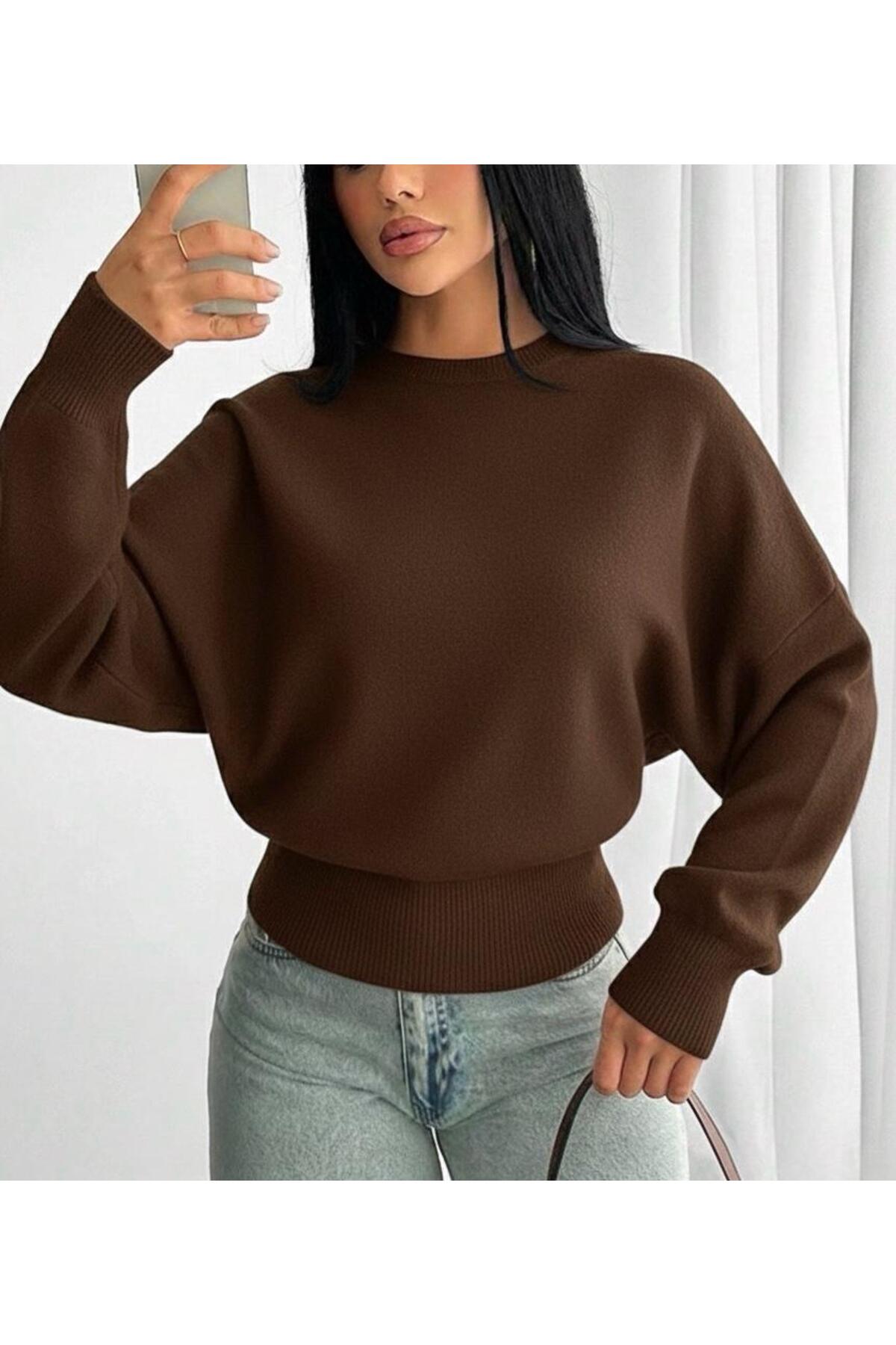 Maysev  Bisiklet Yaka Yarasa Kol Beli Saran Crop Uzun Kollu Kadın Kazak - Görsel 2