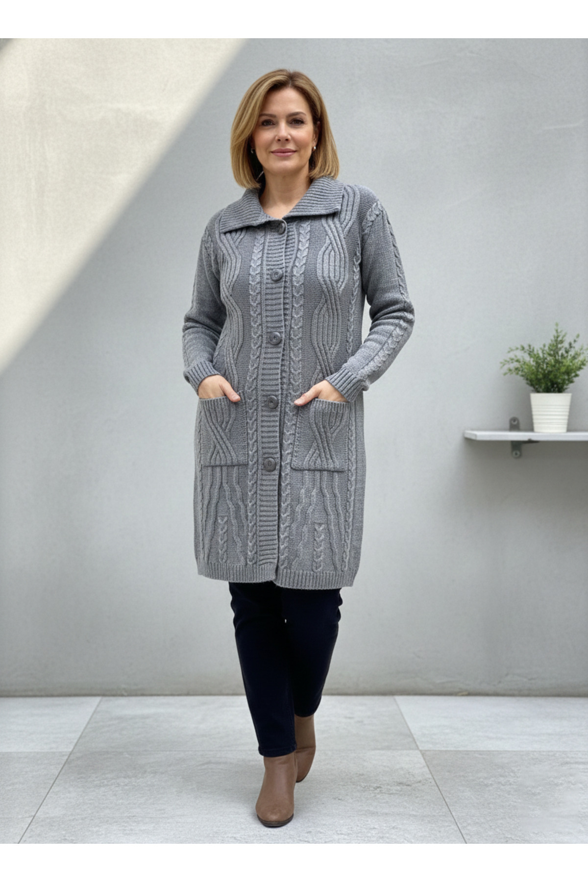 Women's Mother Gray Knit Pattern Buttoned Pocket Long Knitwear Winter Cardigan