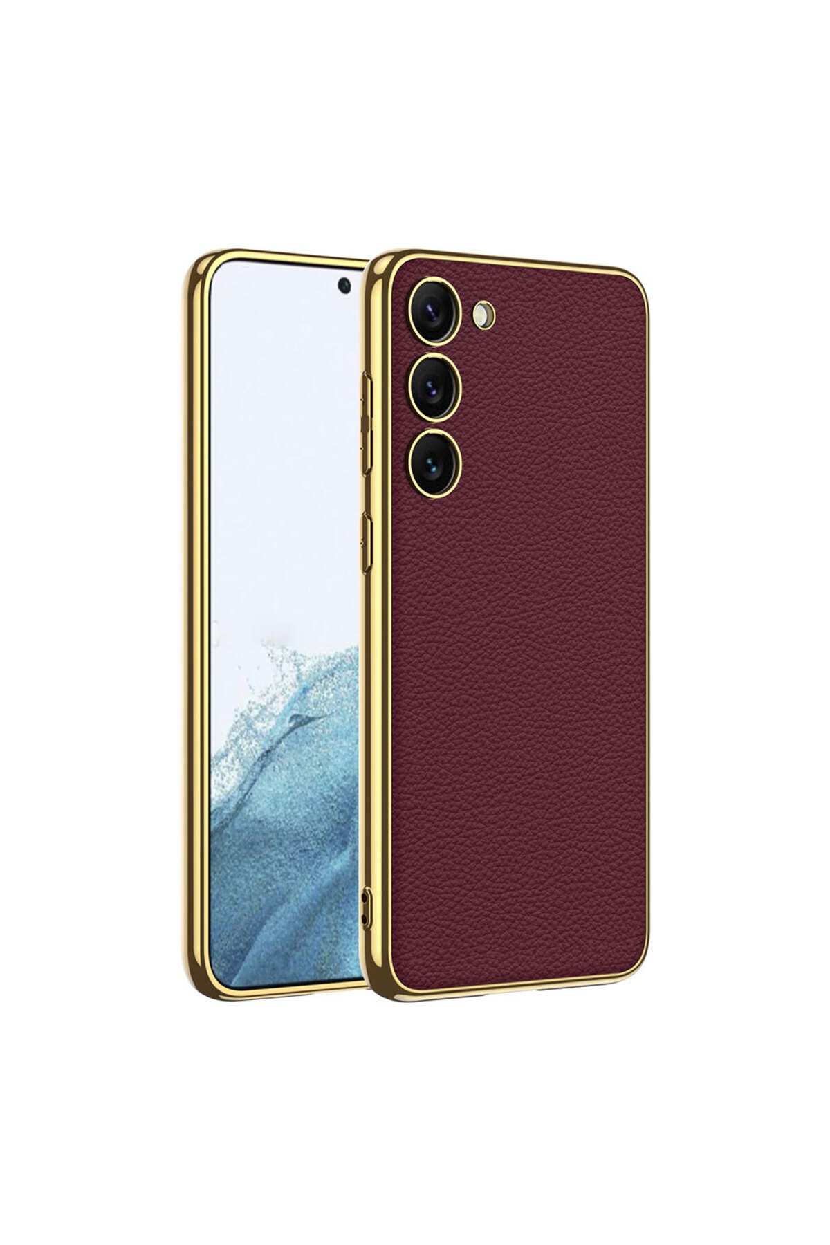 Galaxy S23 Uyumlu Deri Görünümlü Kenarları Elektroplating Kaplama MSRA Fizyon Kılıf-Kırmızı