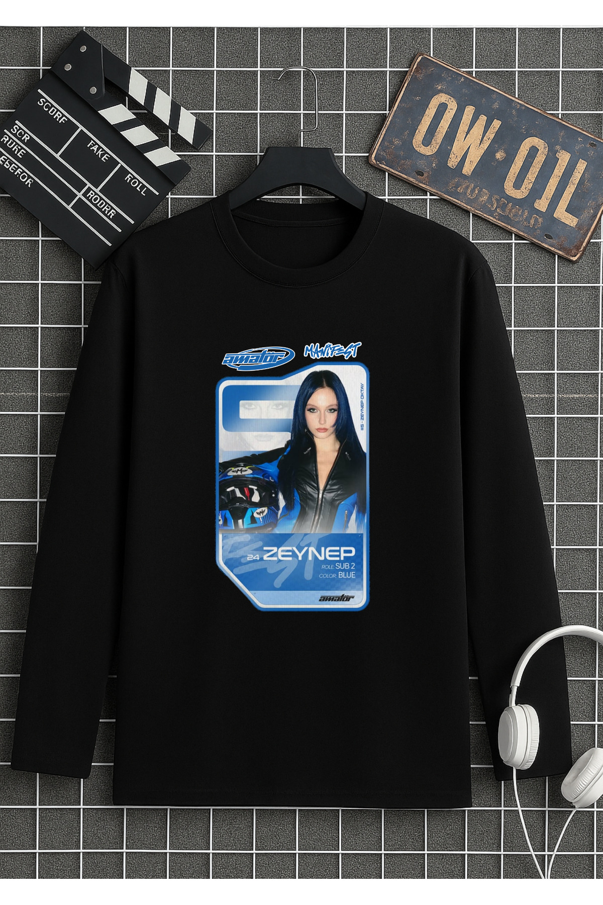 Manifest ZOKTAY, SUEDA,MİNA, INSPIRATION, CRESCENT, LYDIAN printed T-shirt black long sleeve 100% cotton organic