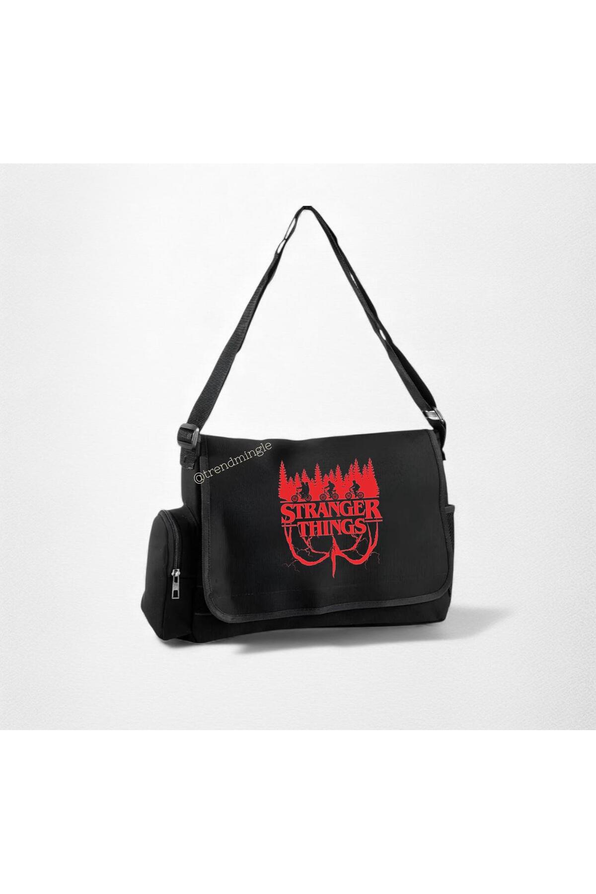 DEEFWEAR  Siyah Stranger Things Kırmızı Baskılı Okul , Kurs , Dershane Postacı Çantası-Trendmingle