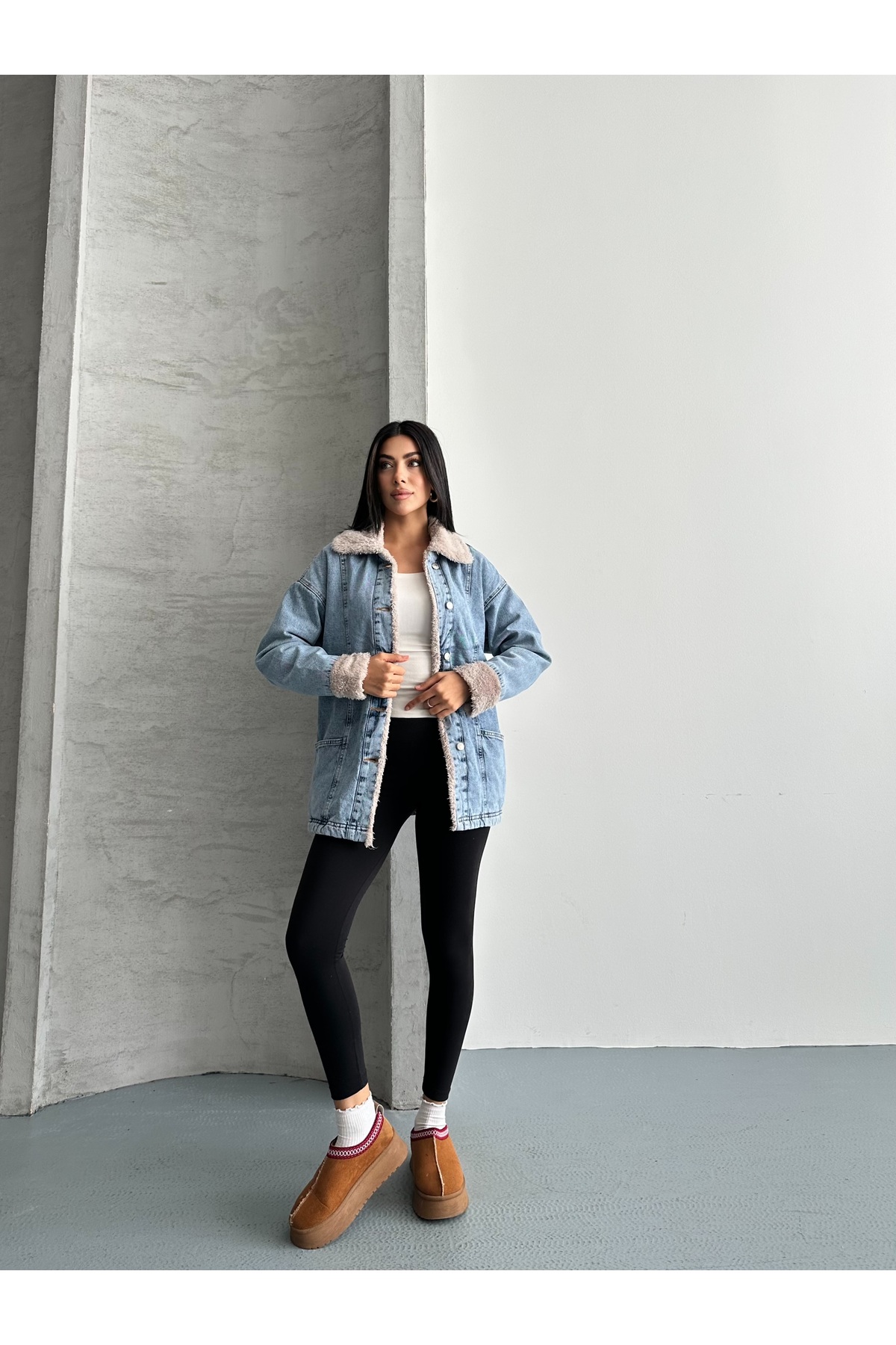 SOLİS MODA  Kadın Mavi Denim Detaylı Peluş Ceket Mont - Görsel 4