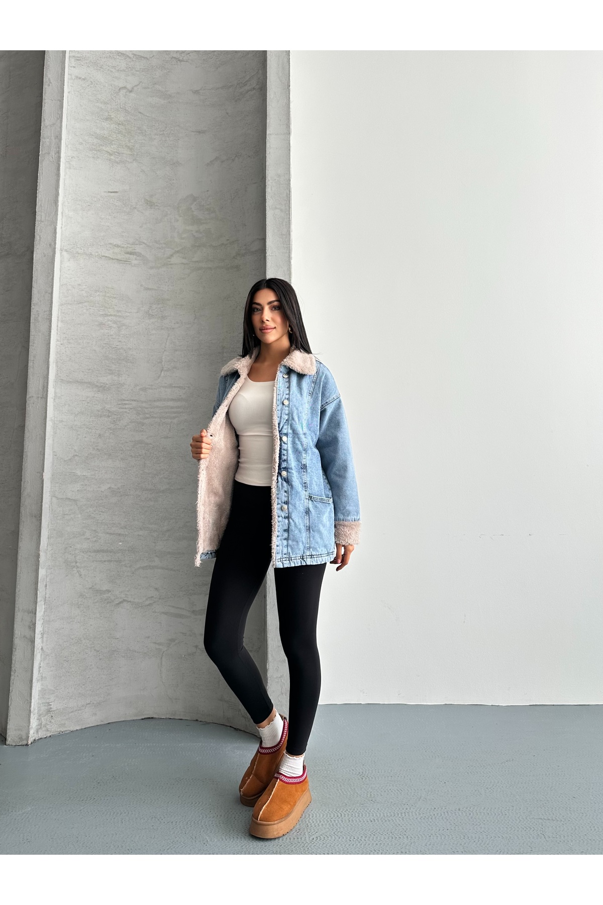 SOLİS MODA  Kadın Mavi Denim Detaylı Peluş Ceket Mont - Görsel 5