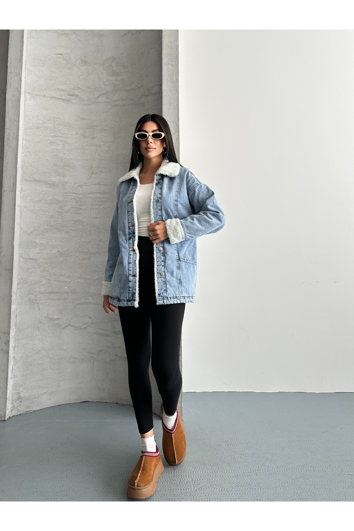 SOLİS MODA  Kadın Mavi Denim Detaylı Peluş Ceket Mont - Görsel 5