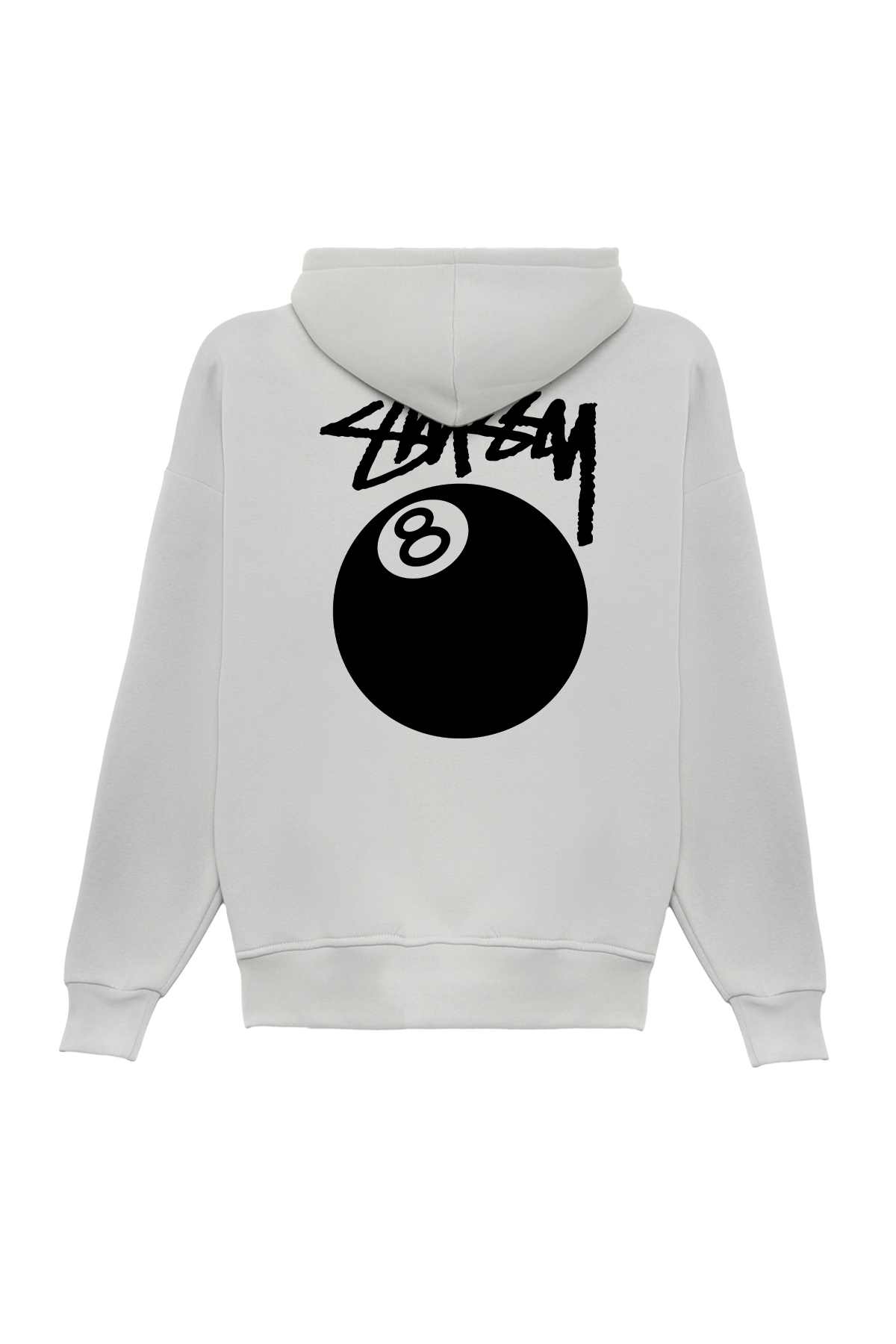 Unisex Stüssy Bilardo Topu Baskılı Oversize Bol Kesim 3 İplik Şardonlu Gri Kapüşonlu Sweatshirt