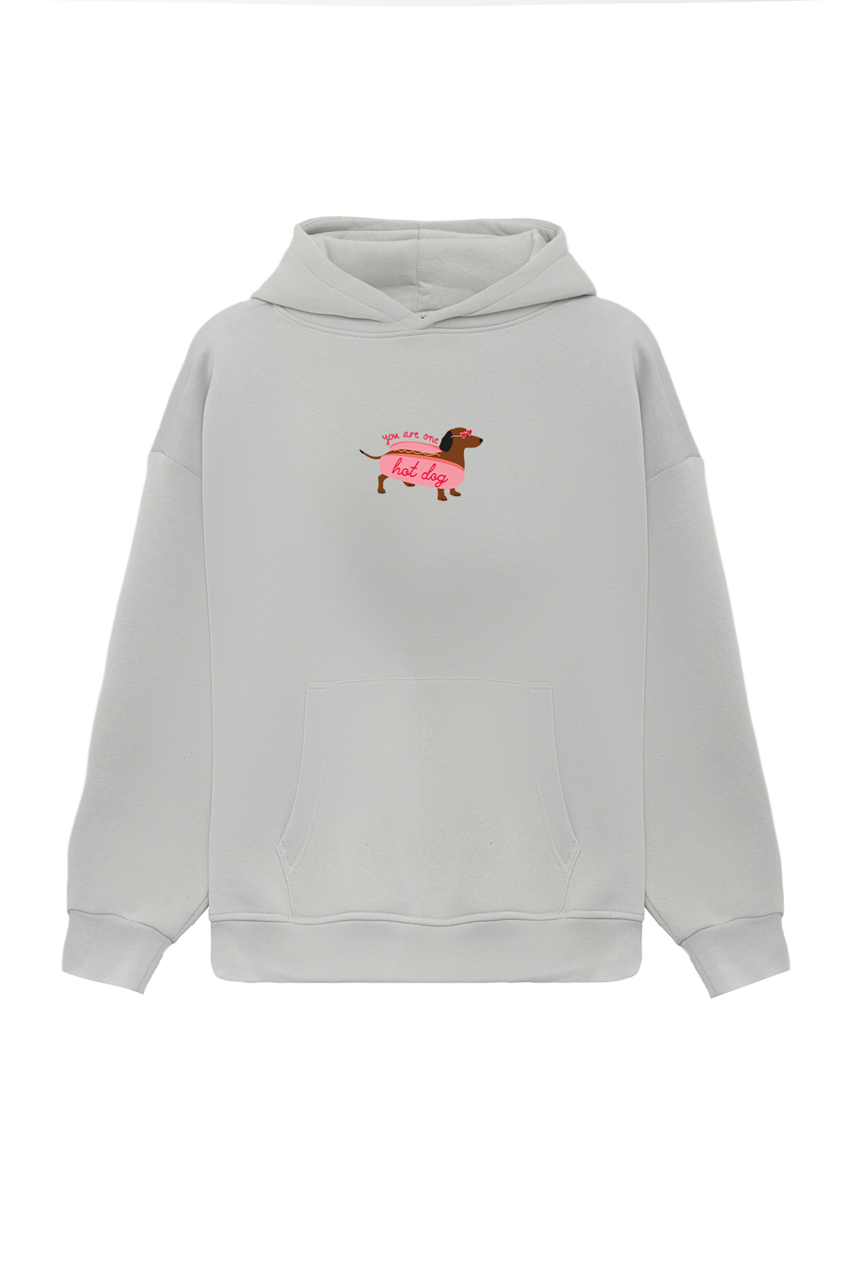 Unisex Hot Dog Baskılı Oversize Bol Kesim Pamuklu 3 İplik Şardonlu Gri Kapüşonlu Sweatshirt