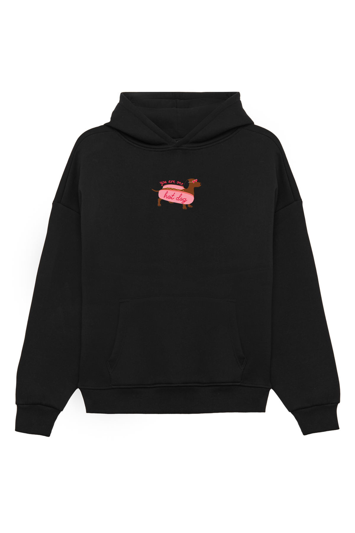Unisex Hot Dog Baskılı Oversize Bol Kesim Pamuklu 3 İplik Şardonlu Siyah Kapüşonlu Sweatshirt
