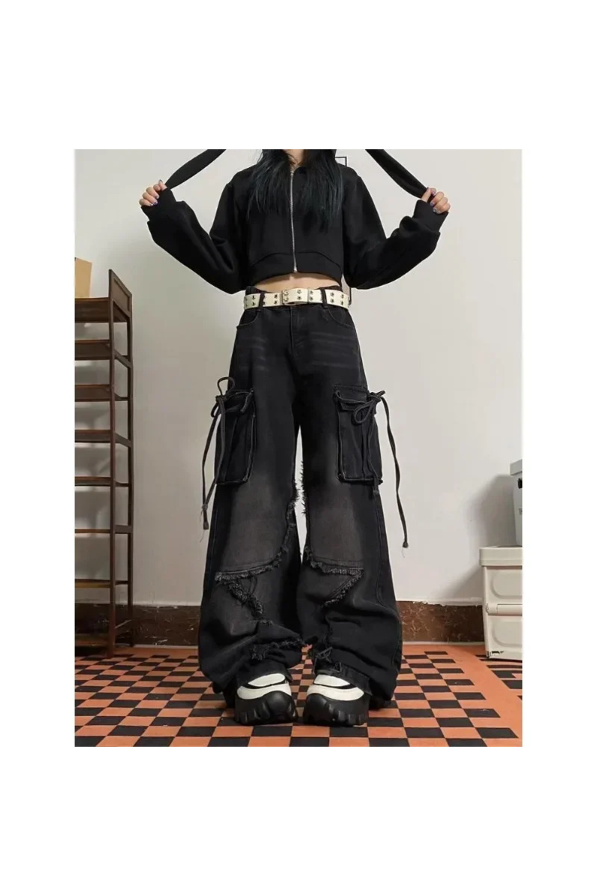 8line  Siyah Yıldız Y2K Stars Patch Detay Jeans Y2K Pantolon - Görsel 5
