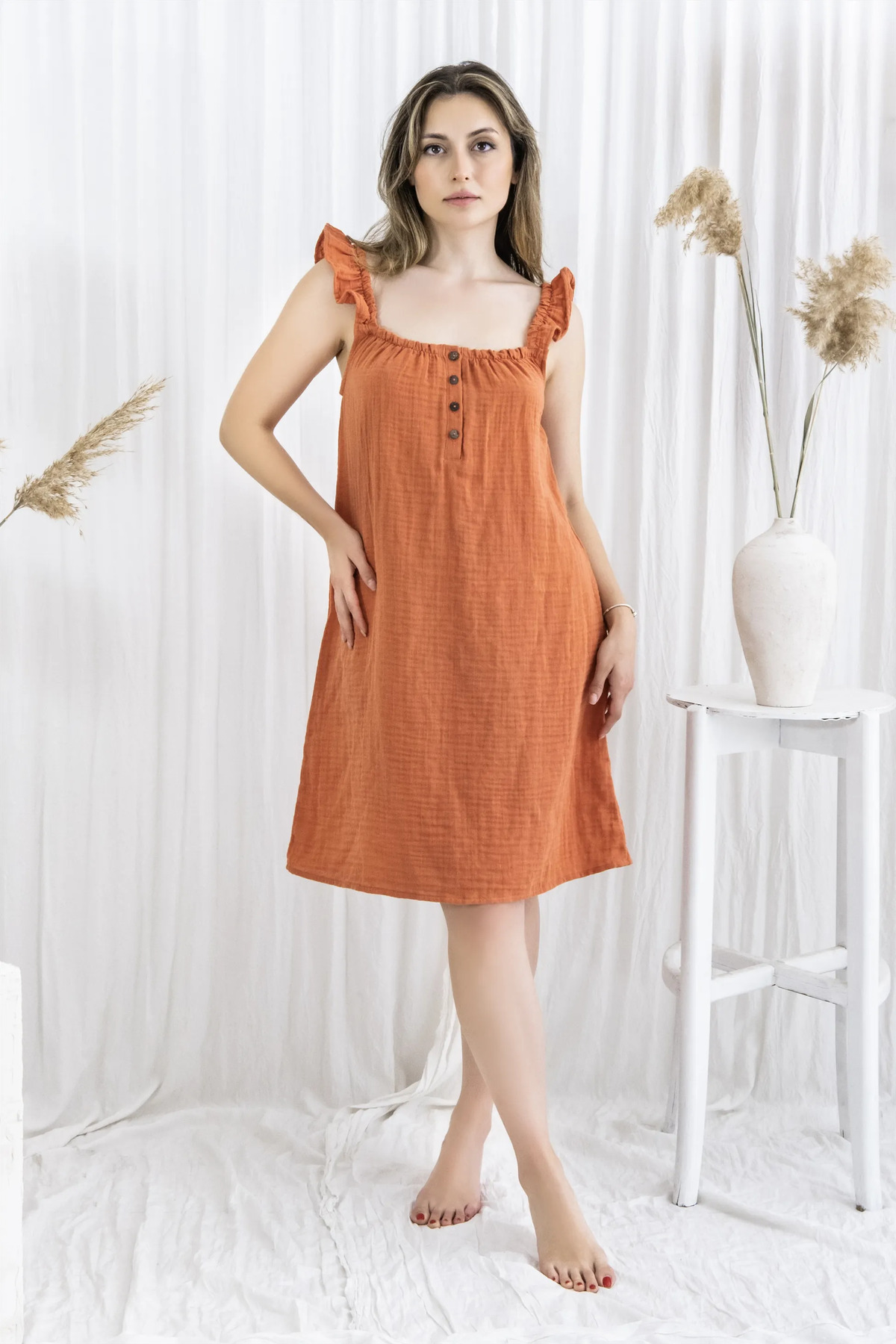 Richo Homewear ANGEL Muslin Kadın Gecelik, %100 Pamuk Fırfırlı Askılı Gecelik , Müslin Kadın Gecelik