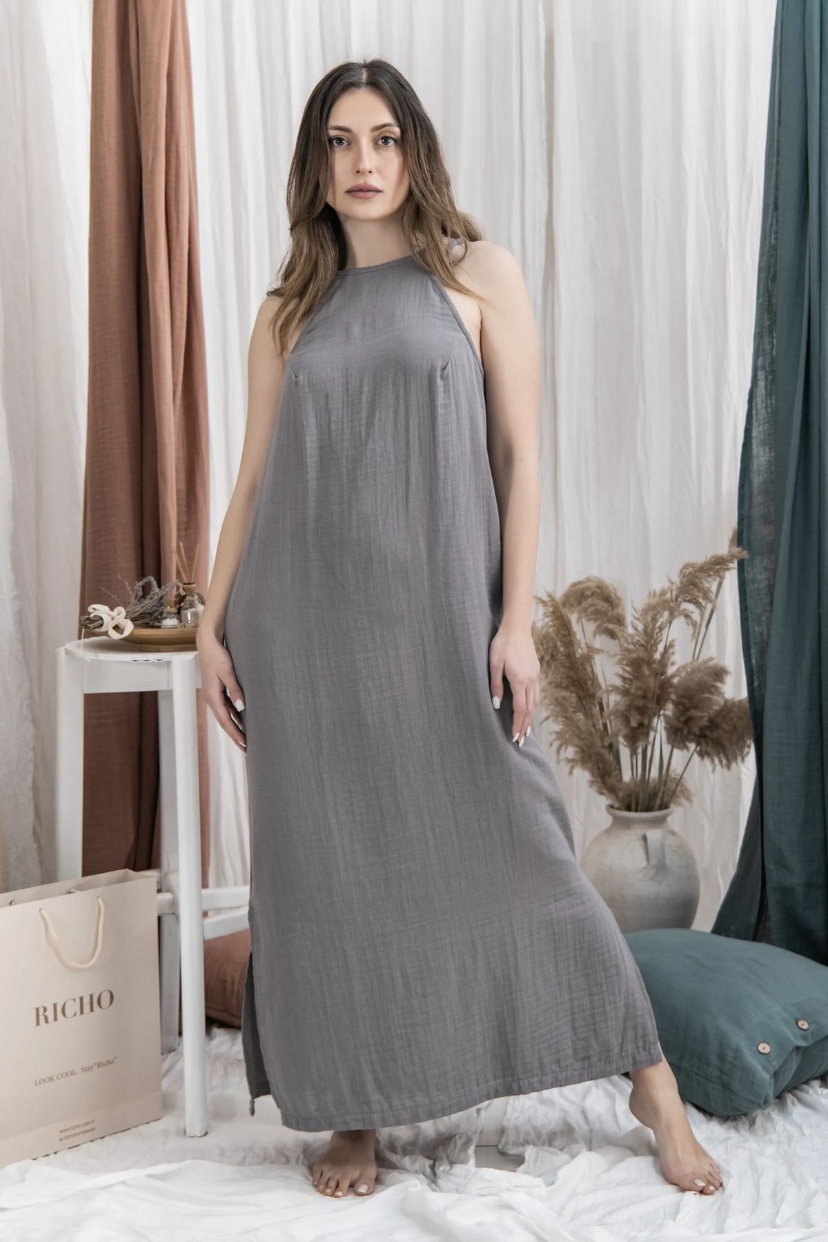 Richo Homewear RUTH Muslin Kadın Gecelik, %100 Pamuk Müslin Uzun Askılı Gecelik, Hafif ve Nefes Alan Muslin