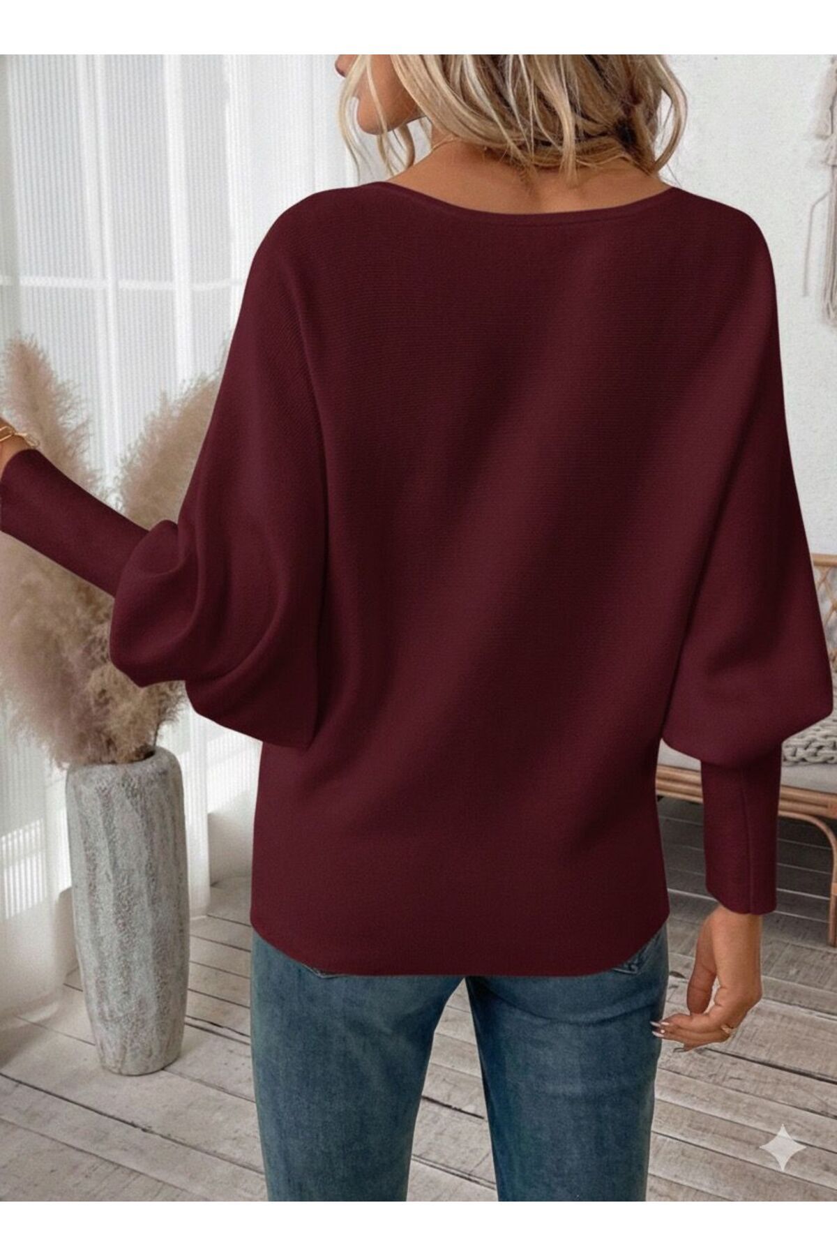 Maysev  Kayık Yaka Yarasa Kol Loose Fit Bordo-Pembe Kadın Kazak - Görsel 2