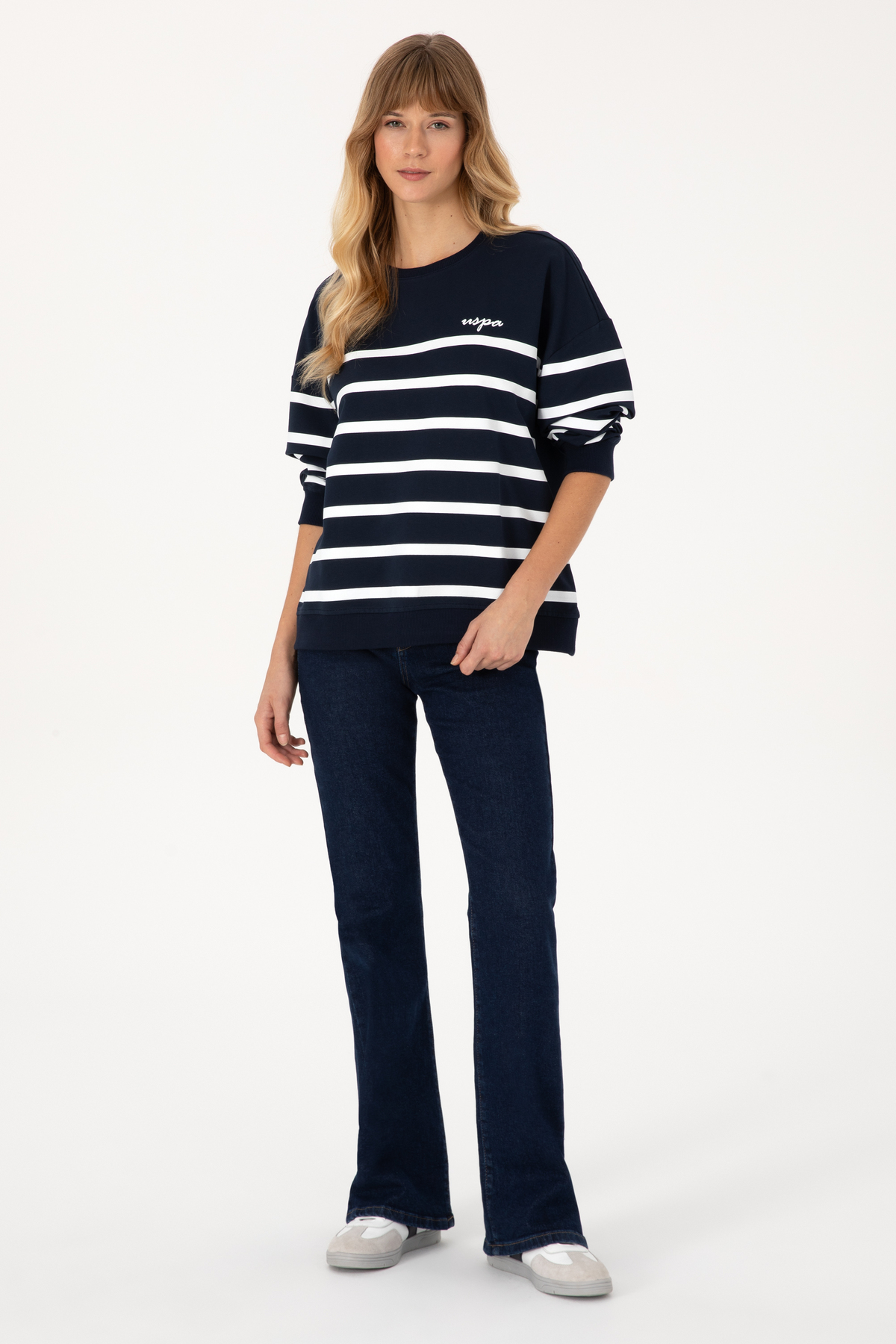 U.S. Polo Assn. Kadın Lacivert Çizgili Bisiklet Yaka Sweatshirt 50313572-VR033 görsel 4