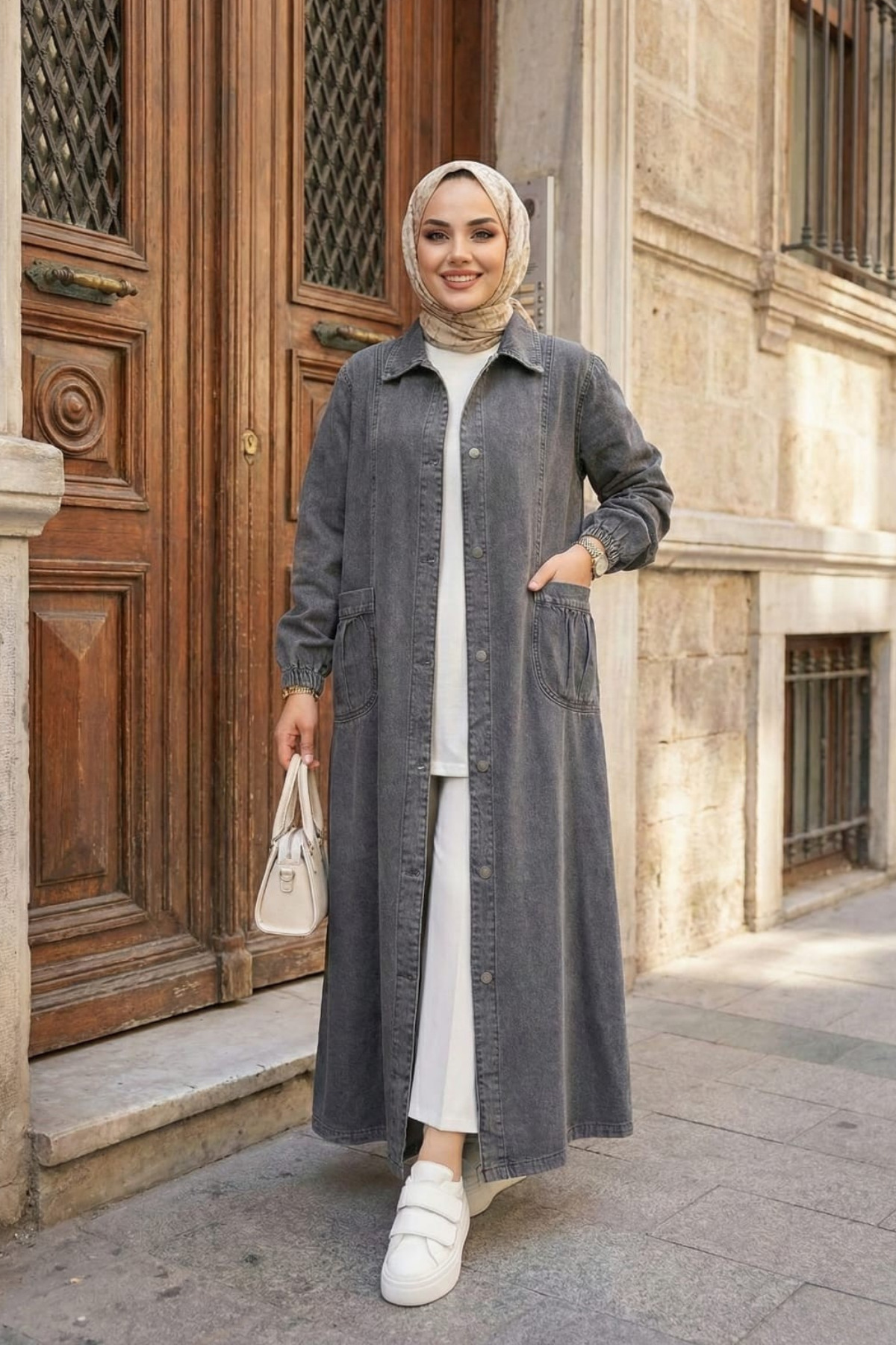 Hb Harma Time Butik  Kadın Düğmeli Cepli Denim Gri Kot Kap - Görsel 3