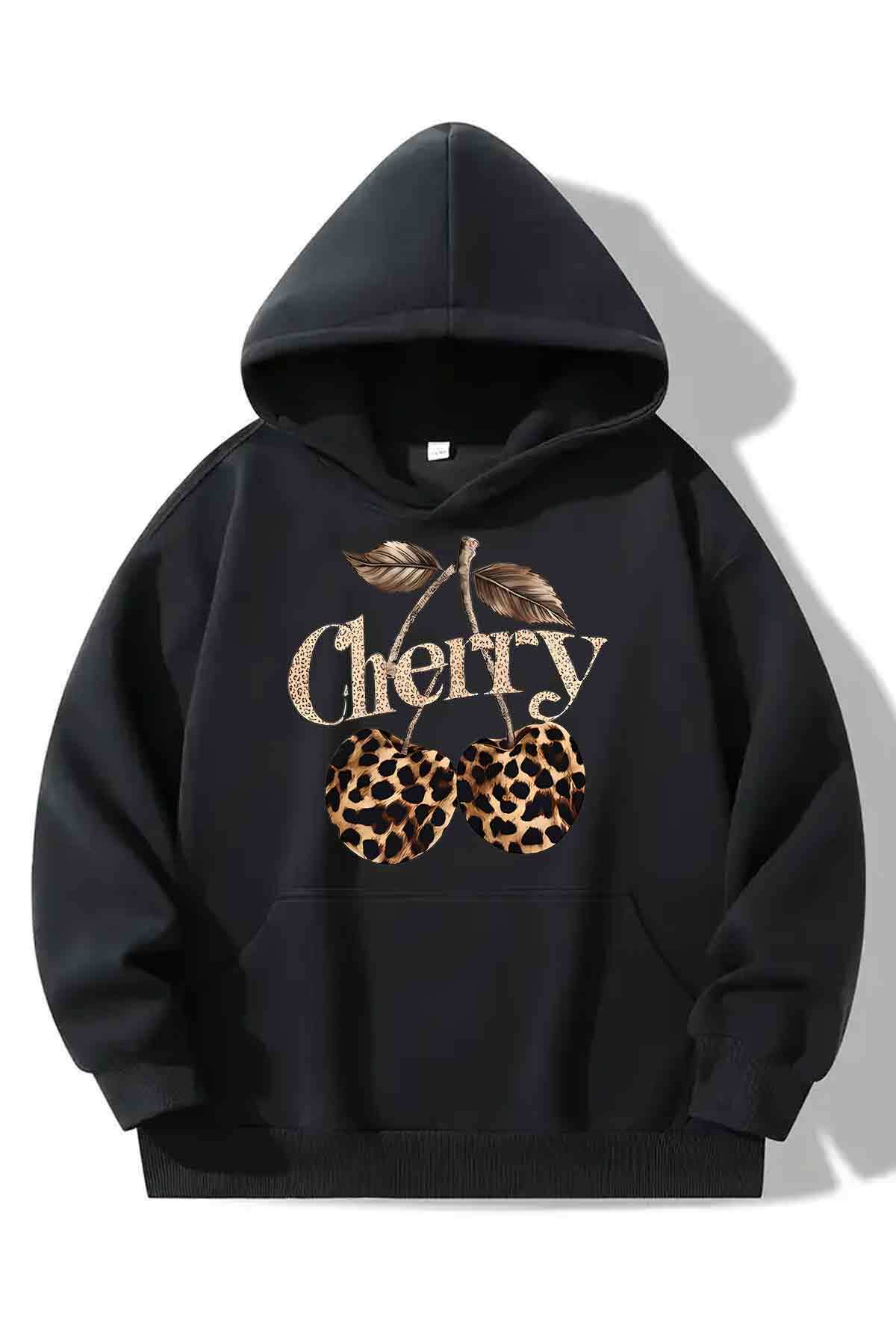 Women's Hooded Sweatshirt Cherry Print Detailed- Plus Size Sweatshirt